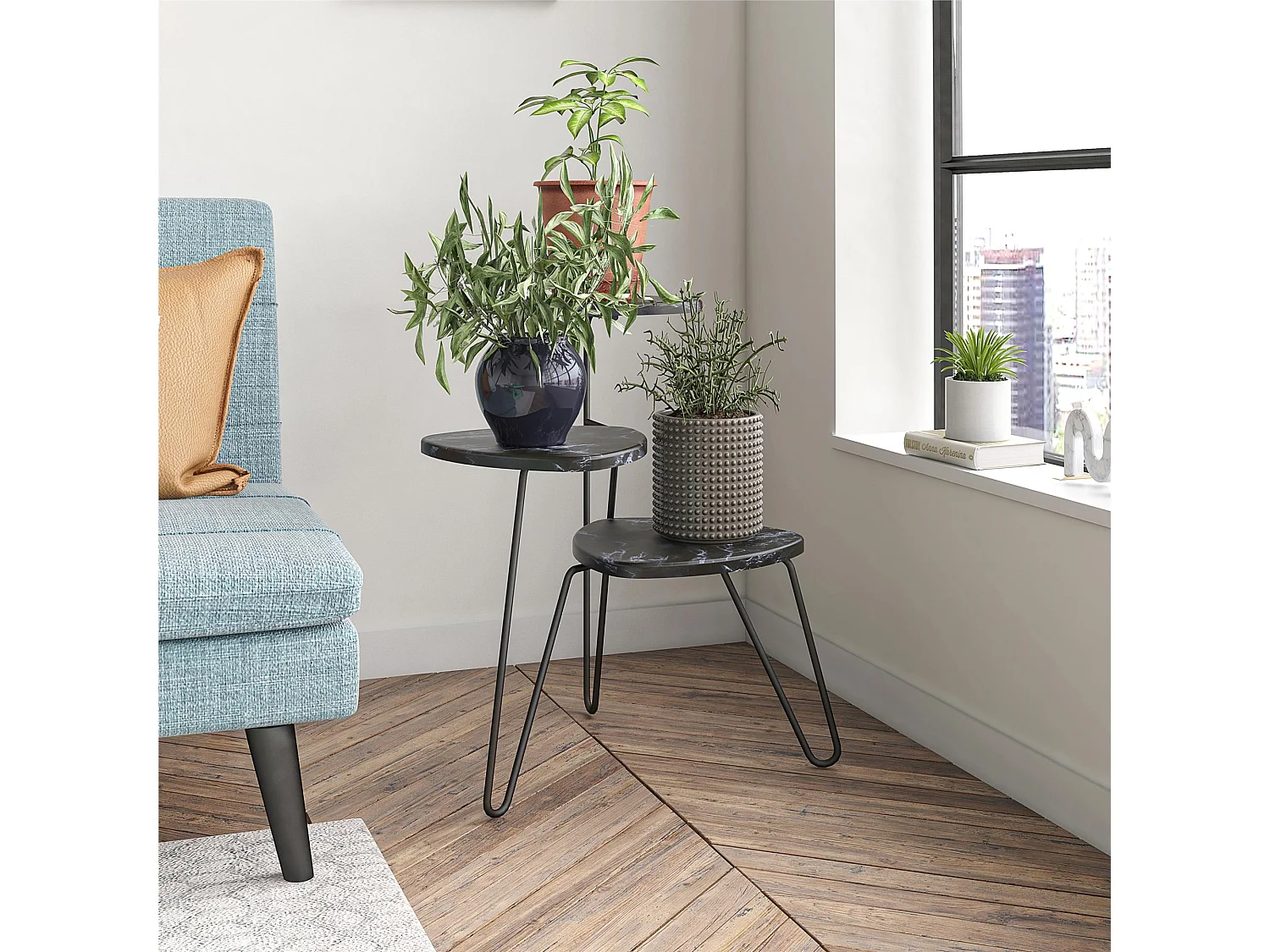 Pflanzenständer aus PVC-laminierten Spanplatten in Marmor, schwarz