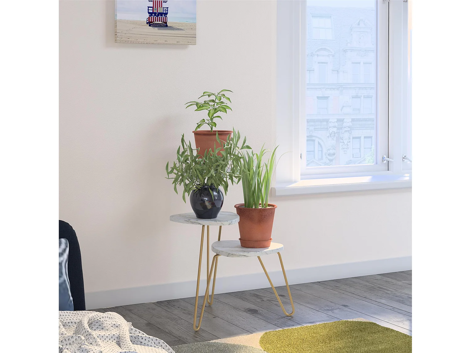 Piantana porta piante in truciolare laminato PVC marmo bianco