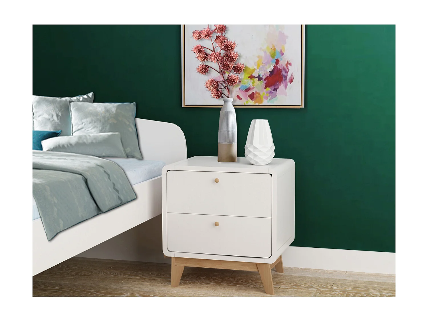 Cassie | Table de chevet à 2 tiroirs en effet mélaminé blanc