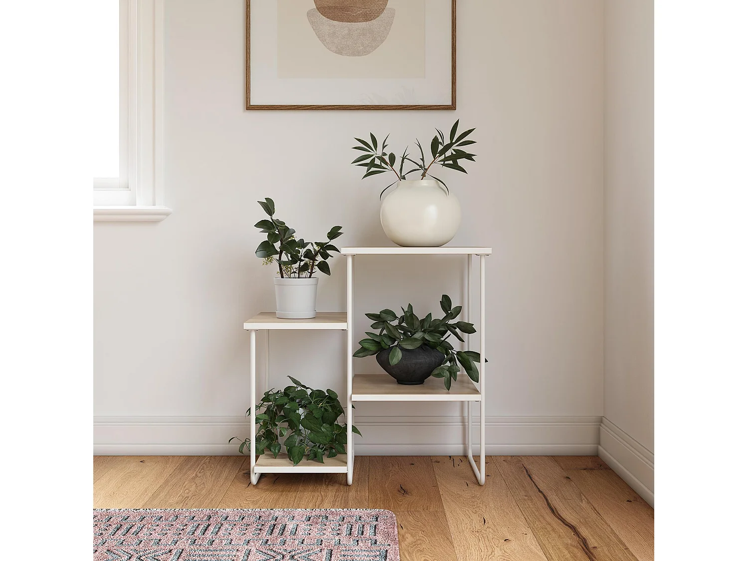 Plantenstandaard in spaanplaat natuur en frame in metaal wit