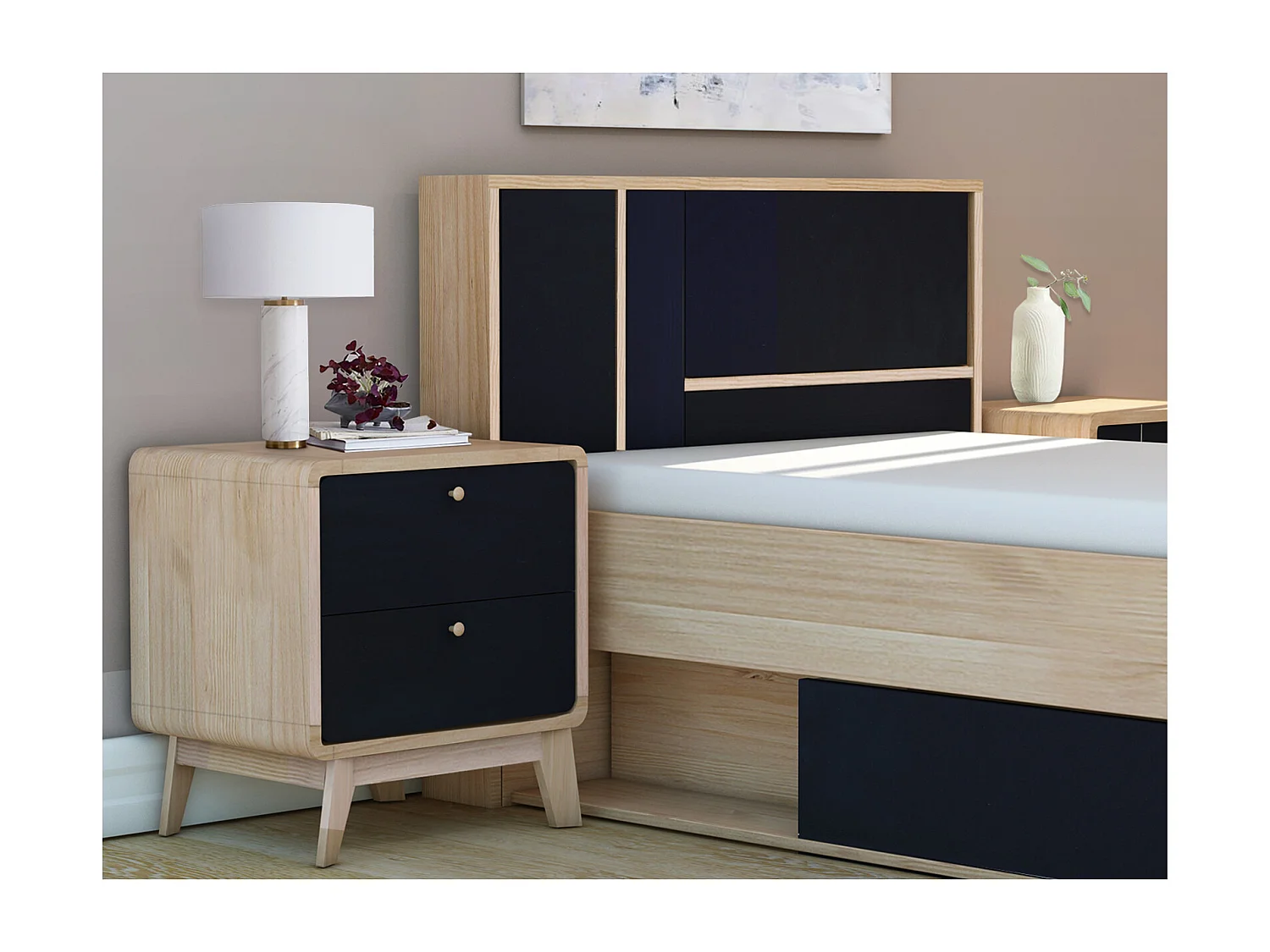 Comodino con 2 cassetti in agglomerato rovere e nero