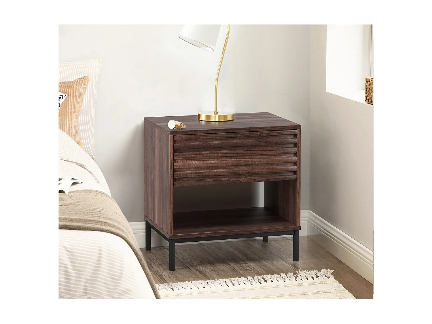 Mesa de cabeceira com 2 gavetas em MDF cinzento com pincel natural