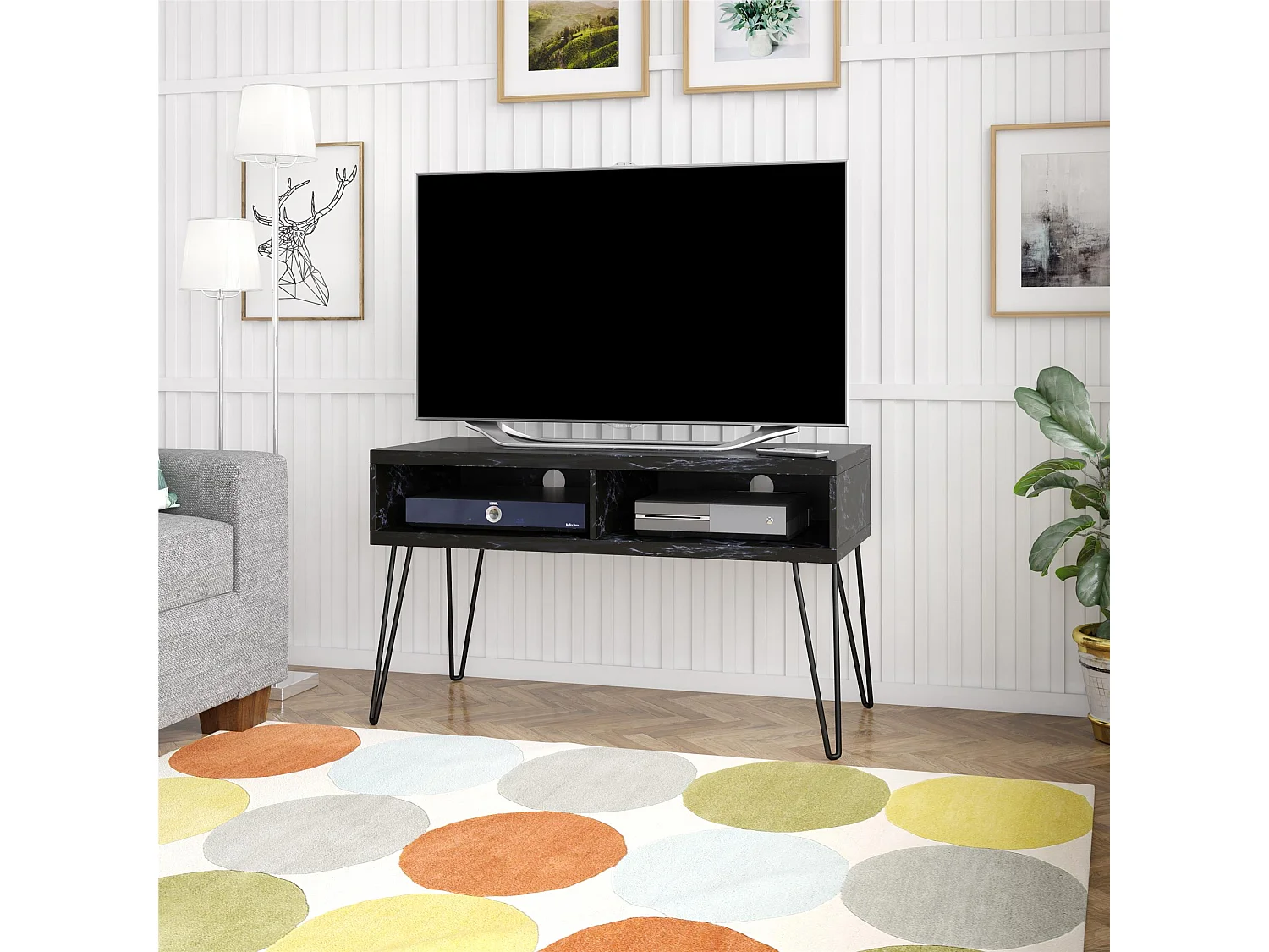 Athena | TV-Ständer mit 2 Fächern in Marmoroptik Schwarz