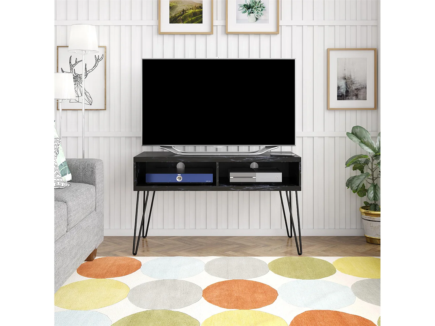 Athena | TV-Ständer mit 2 Fächern in Marmoroptik Schwarz