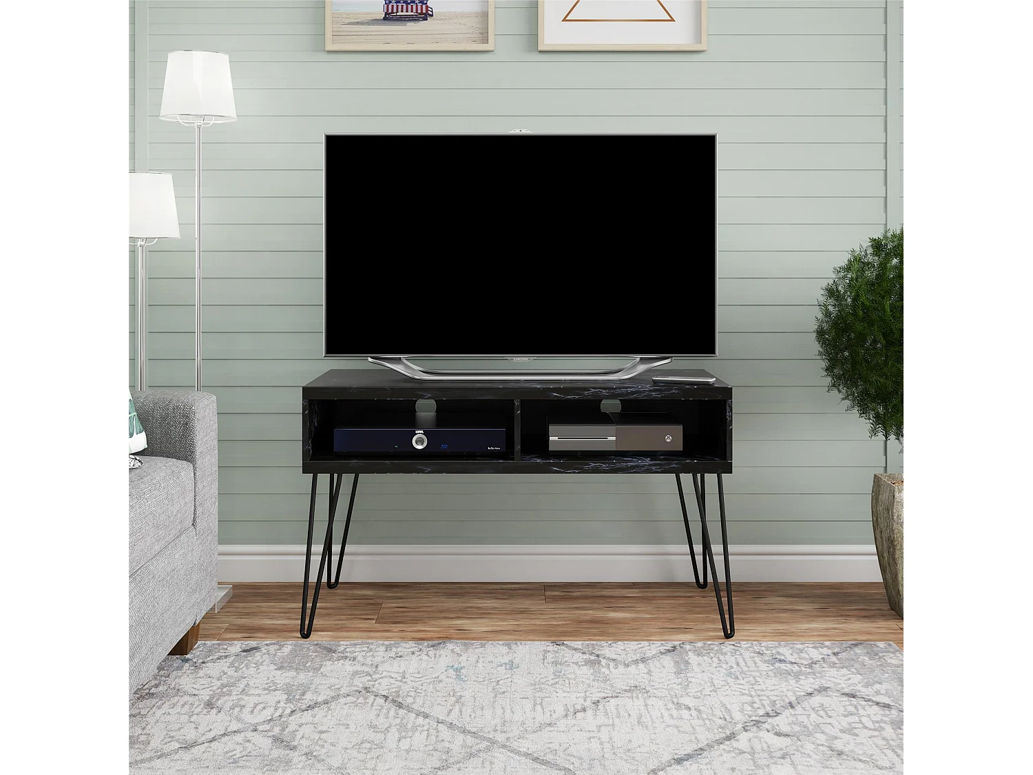 Athena | TV-Ständer mit 2 Fächern in Marmoroptik Schwarz
