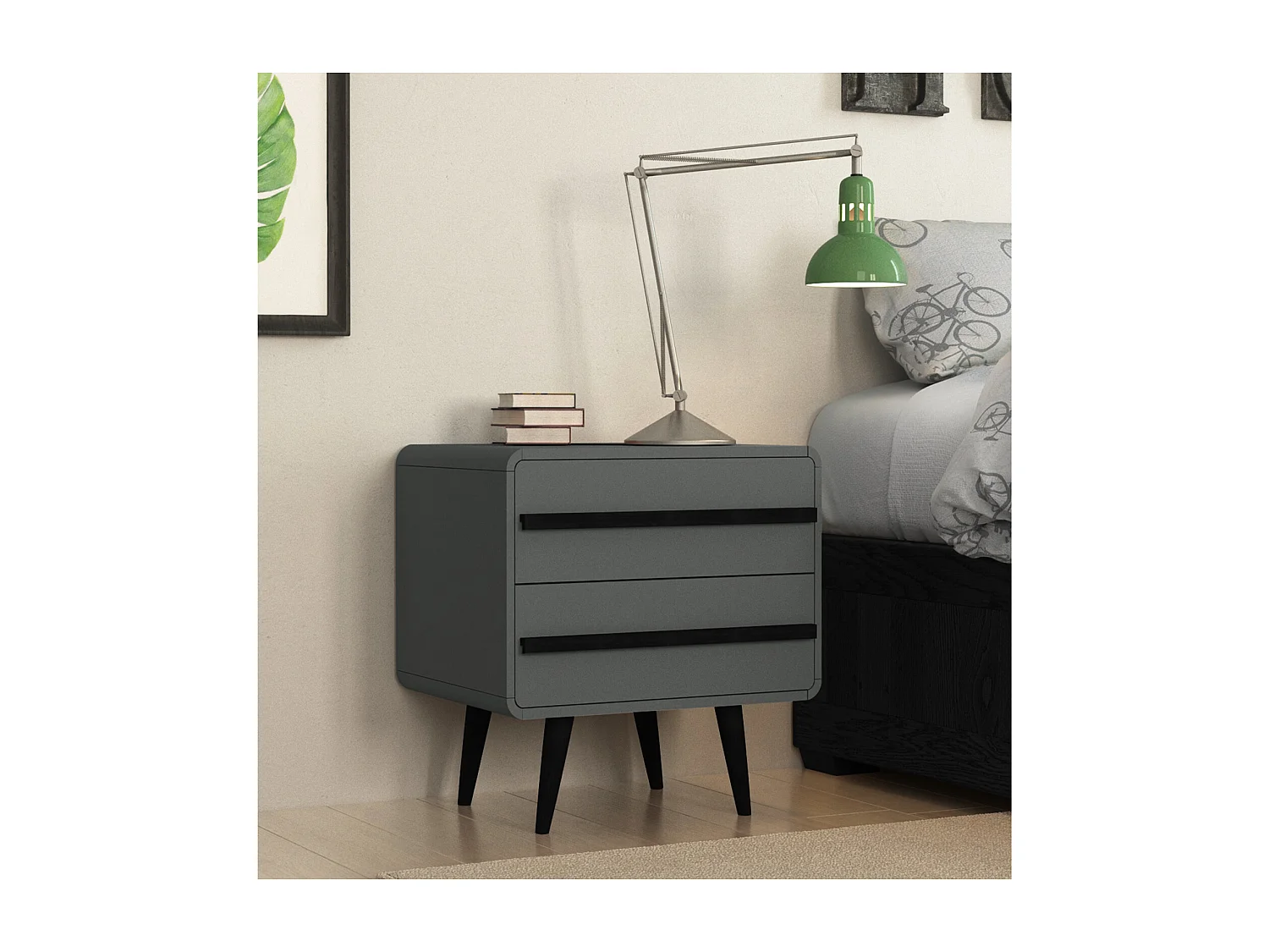 Mesita de noche con 2 cajones en aglomerado gris y negro