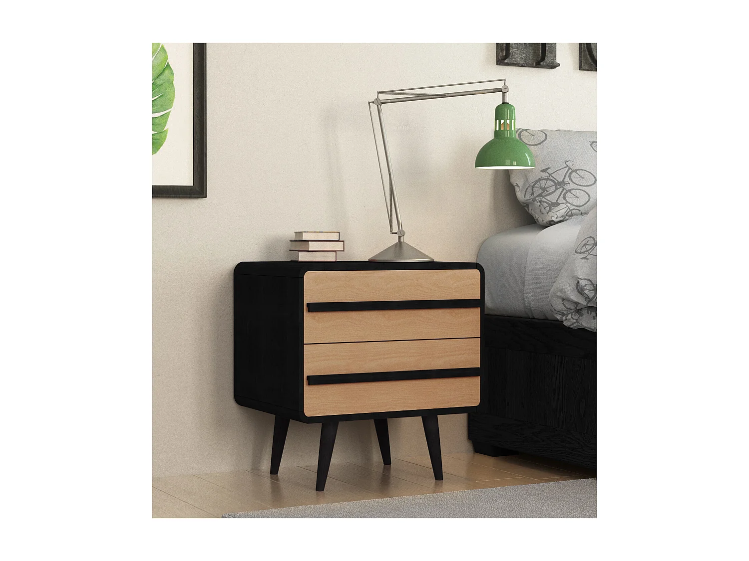 Chantal | Table de chevet à 2 tiroirs en effet bois nature et noir