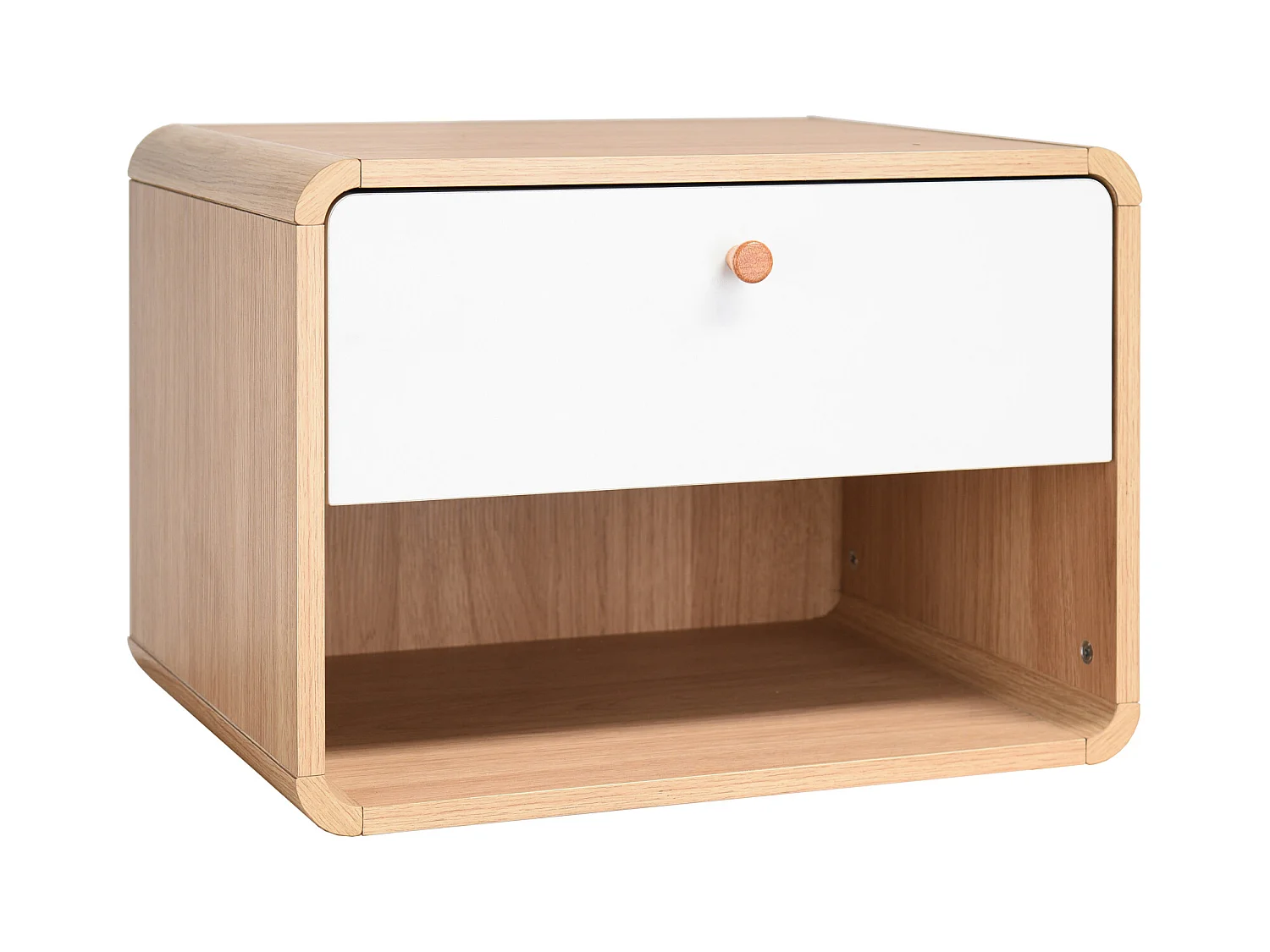 Mesita de noche de pared con cajón en tablero aglomerado roble/blanco