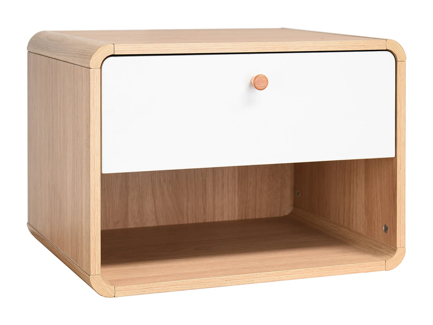 Mesita de noche de pared con cajón en tablero aglomerado roble/blanco