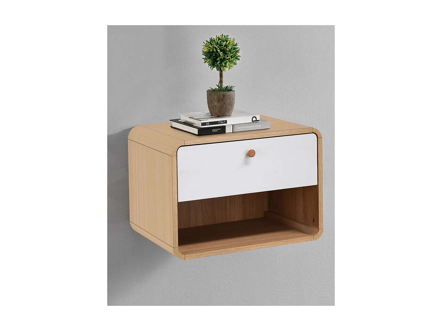 Mesita de noche de pared con cajón en tablero aglomerado roble/blanco