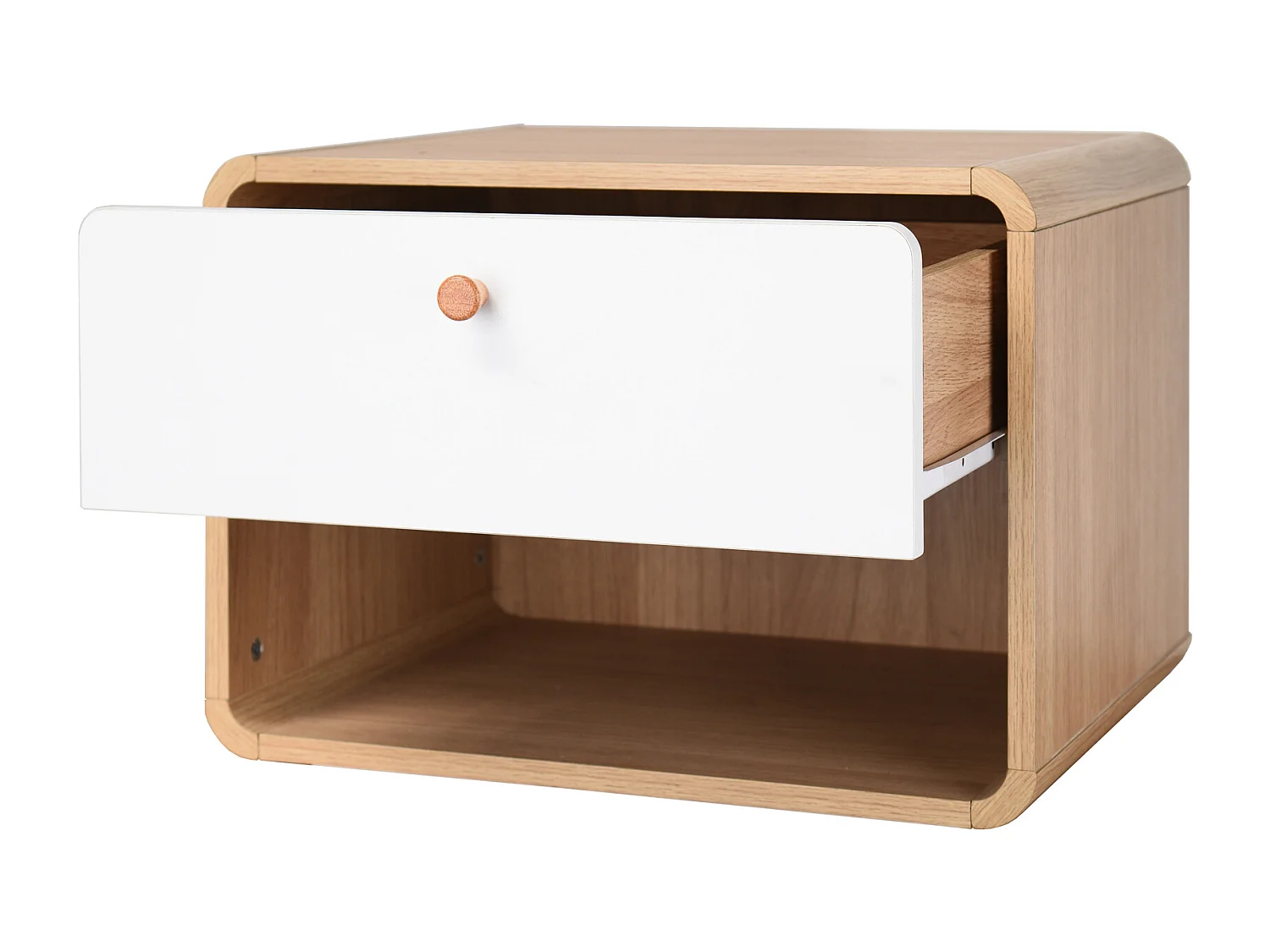 Mesita de noche de pared con cajón en tablero aglomerado roble/blanco
