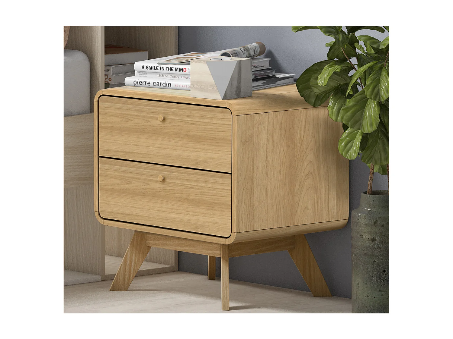 Mesa de cabeceira com 2 gavetas em nogueira e aglomerado de partículas branco