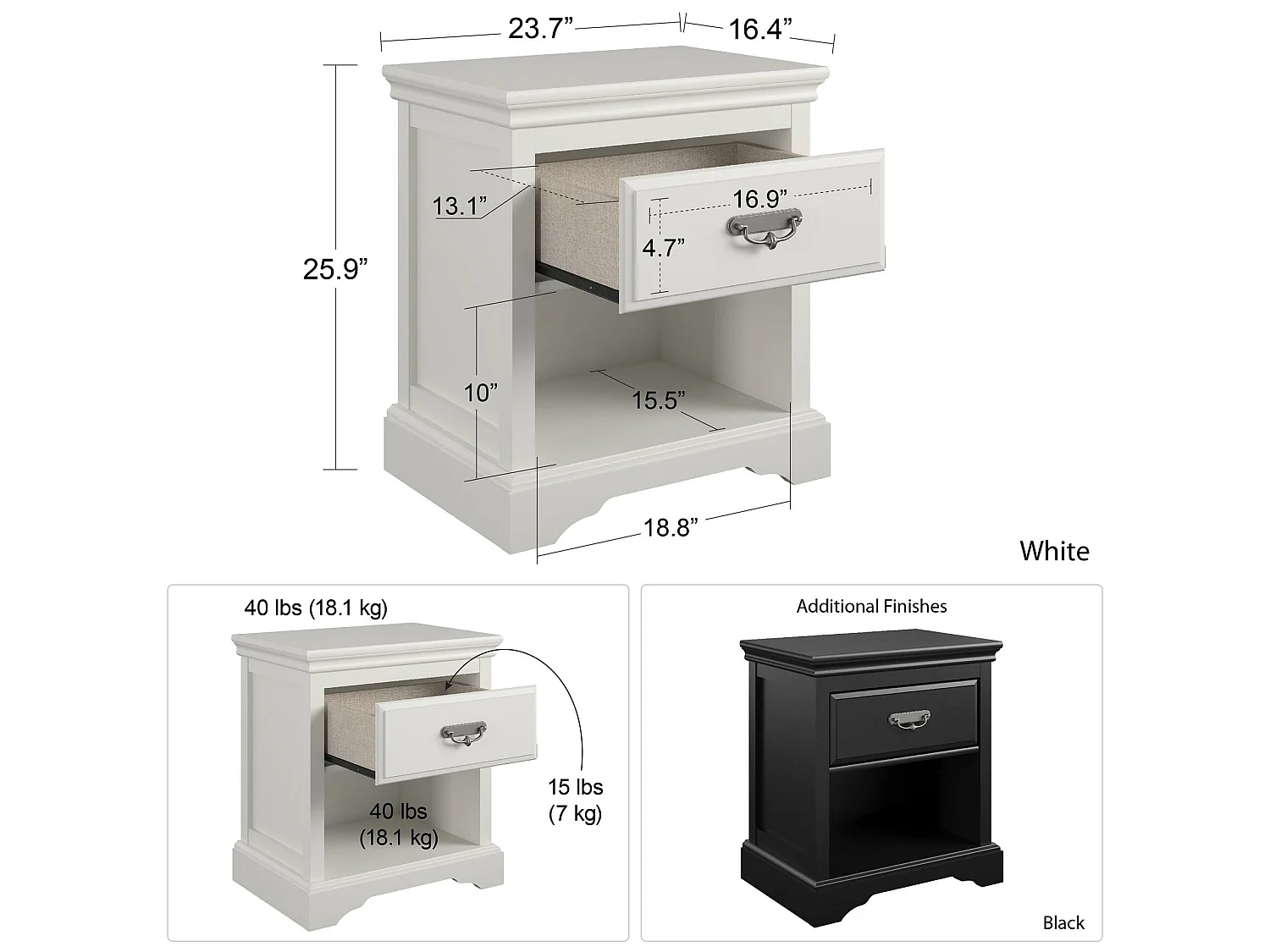 Mesita de noche con 1 cajón en MDF negro