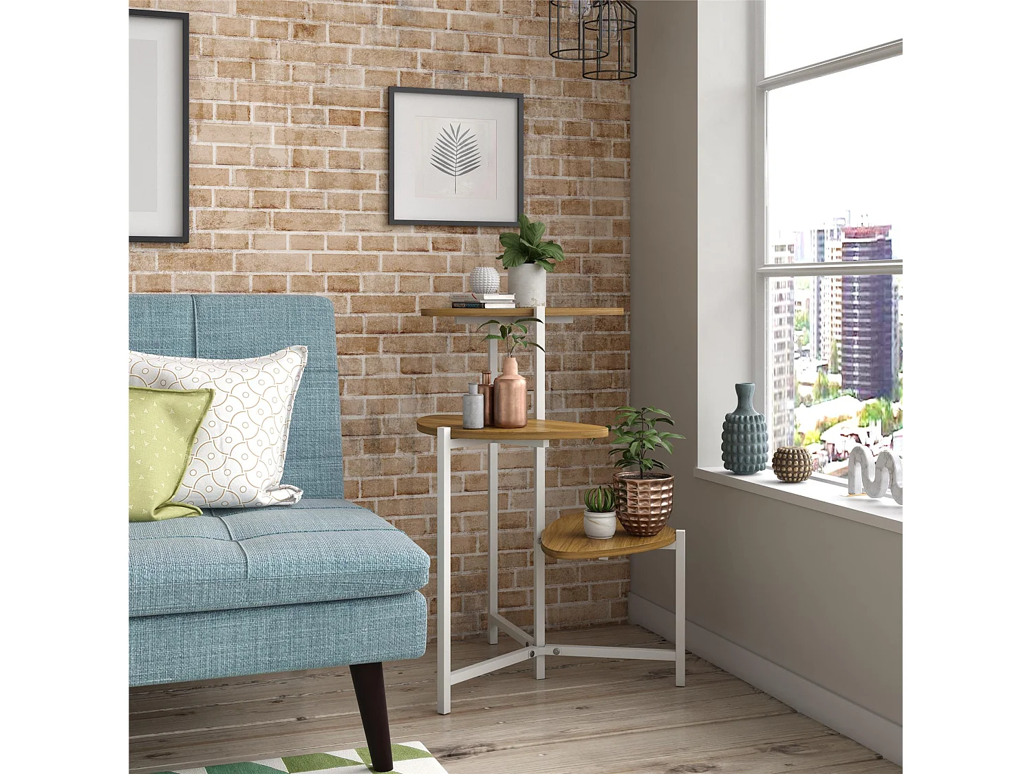 Pflanzenständer aus Spanplatten, Walnuss, mit Gestell aus Metall, Walnuss/weiß