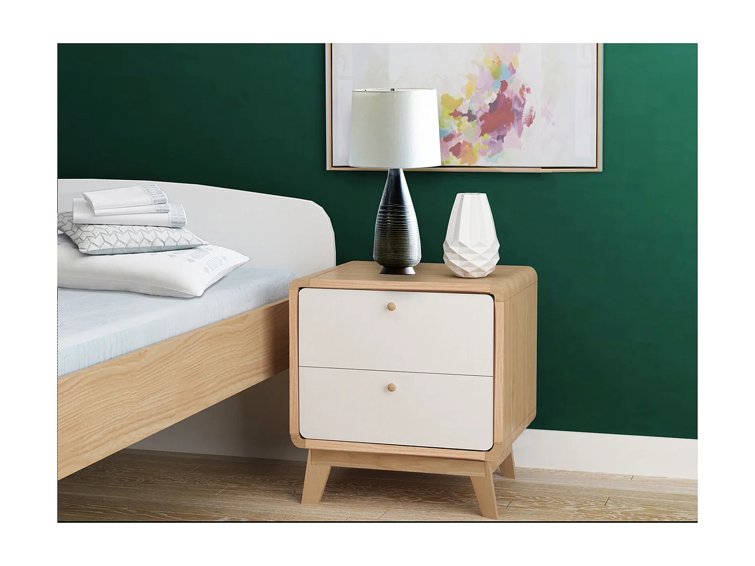 Comodino con 2 cassetti in agglomerato rovere e bianco