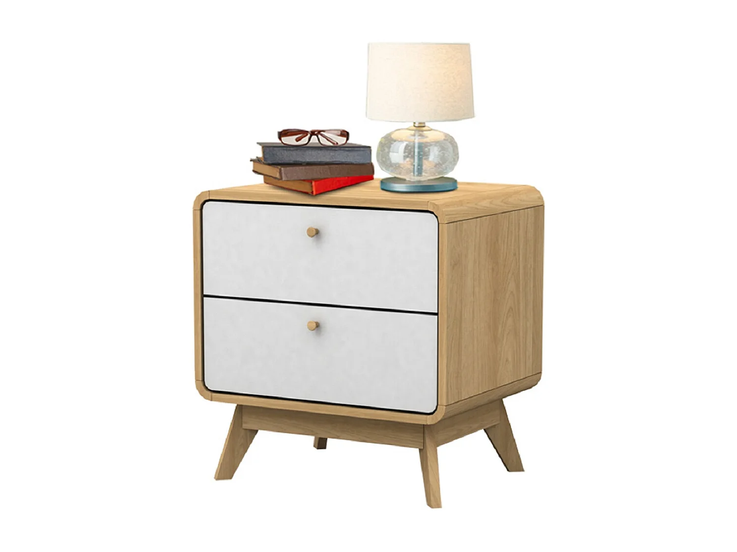 Mesita de noche con 2 cajones en tablero aglomerado roble y blanco