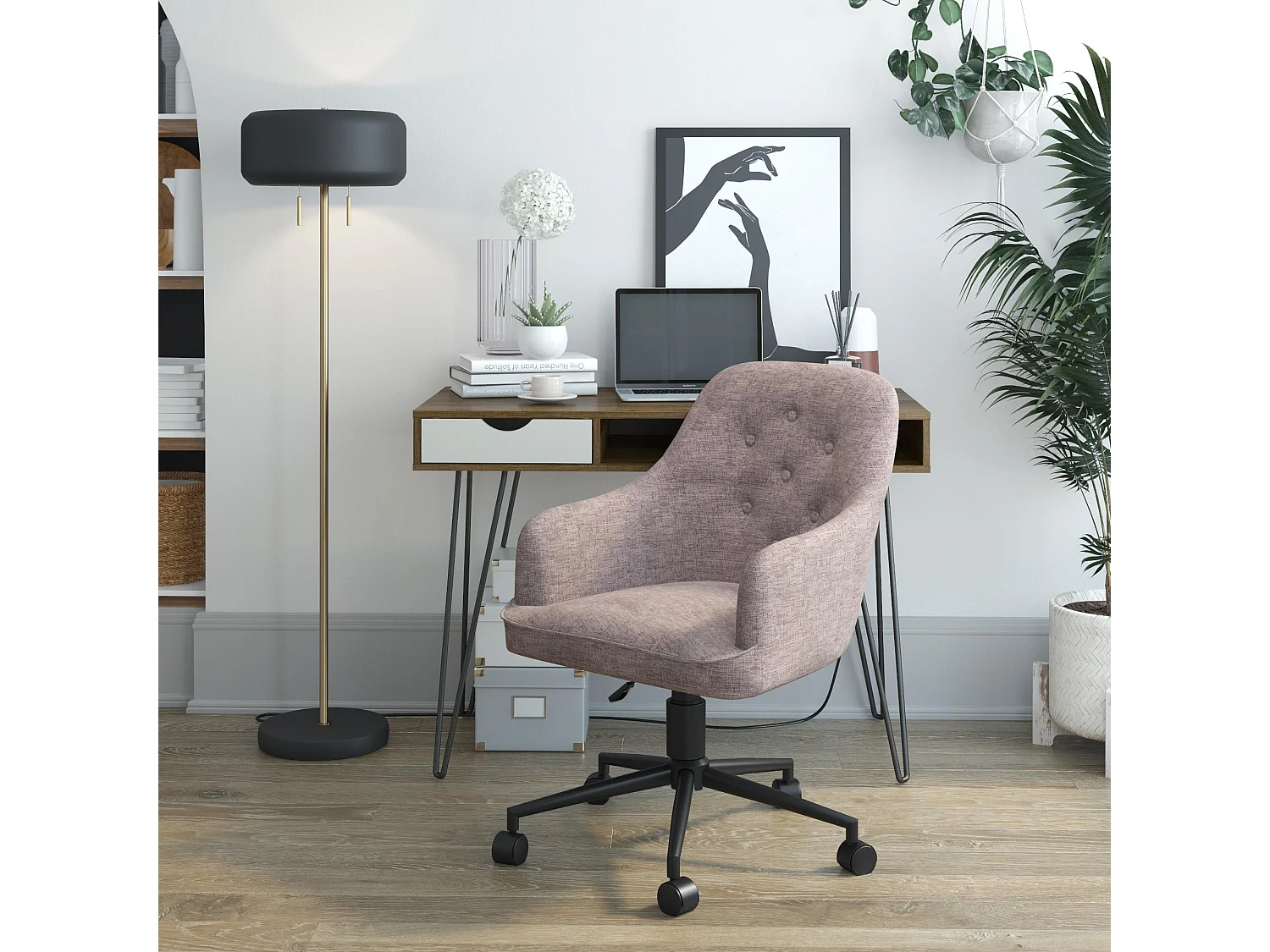 Sedia da ufficio imbottita con ruote in lino grigio