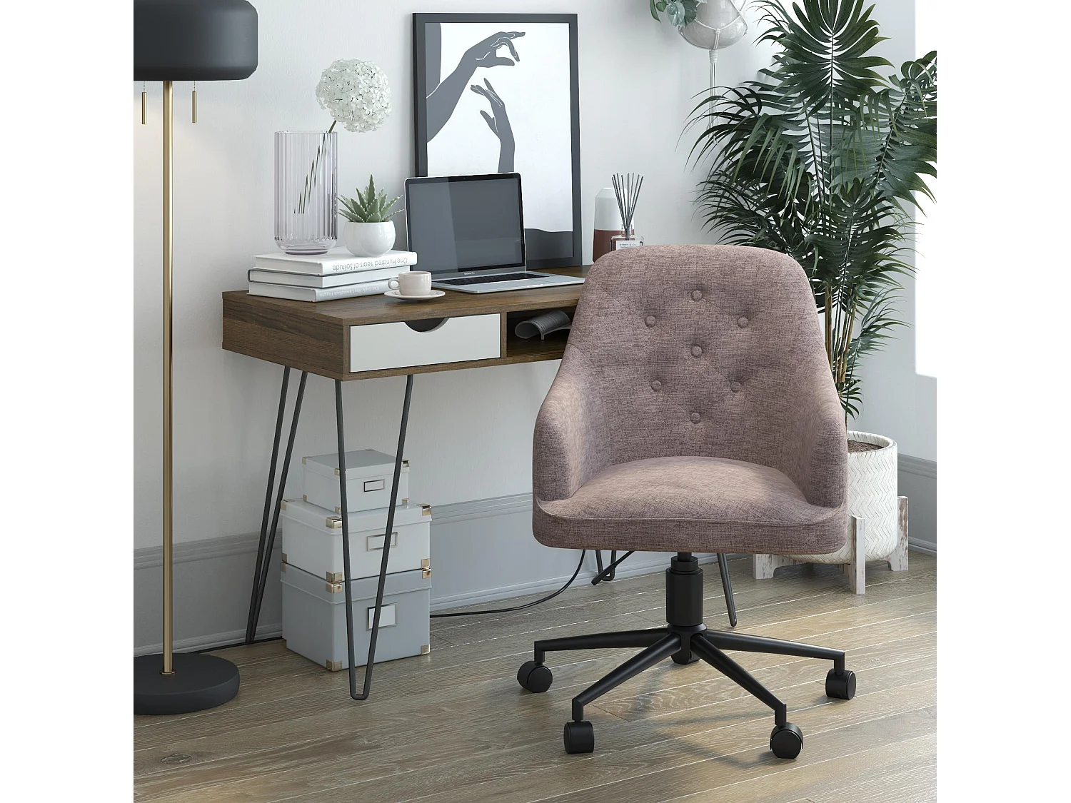 Gepolsterter Bürostuhl mit Rollen in Leinengrau