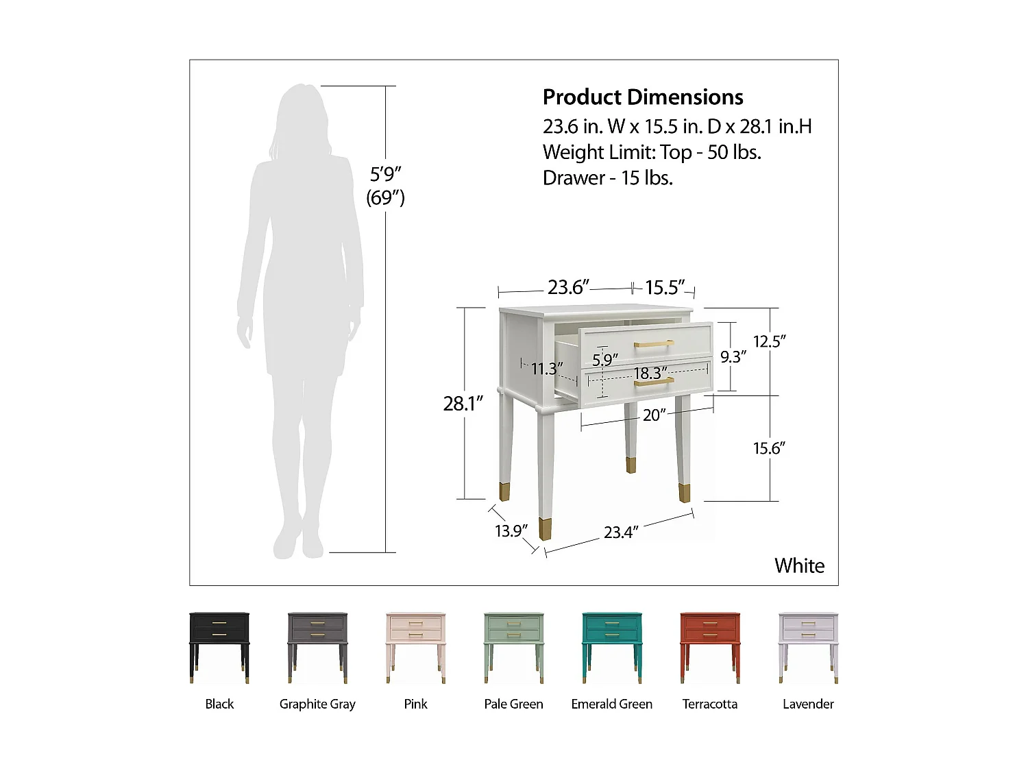 Westerleigh | Table d'appoint avec 2 tiroirs en MDF rose