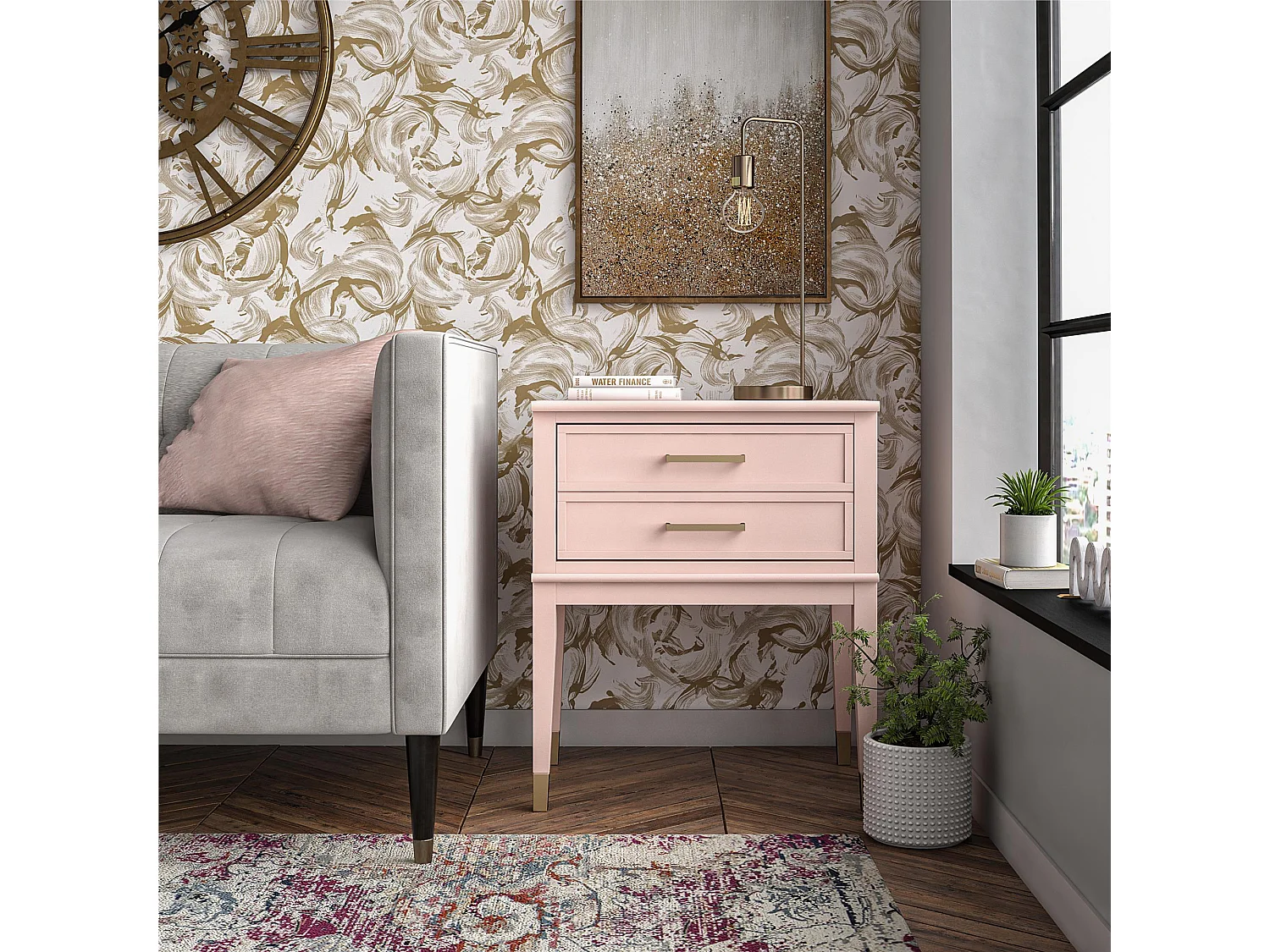 Westerleigh | Table d'appoint avec 2 tiroirs en MDF rose
