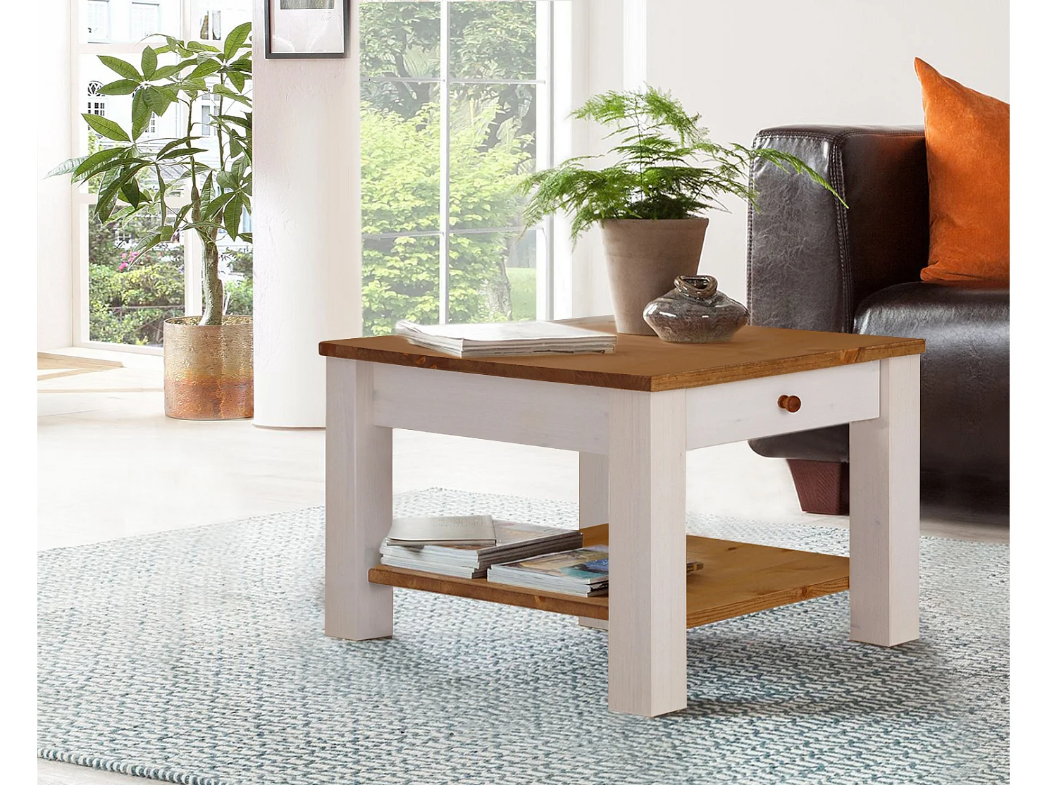 Chicago | Table basse avec 1 étagère en pin blanc et miel