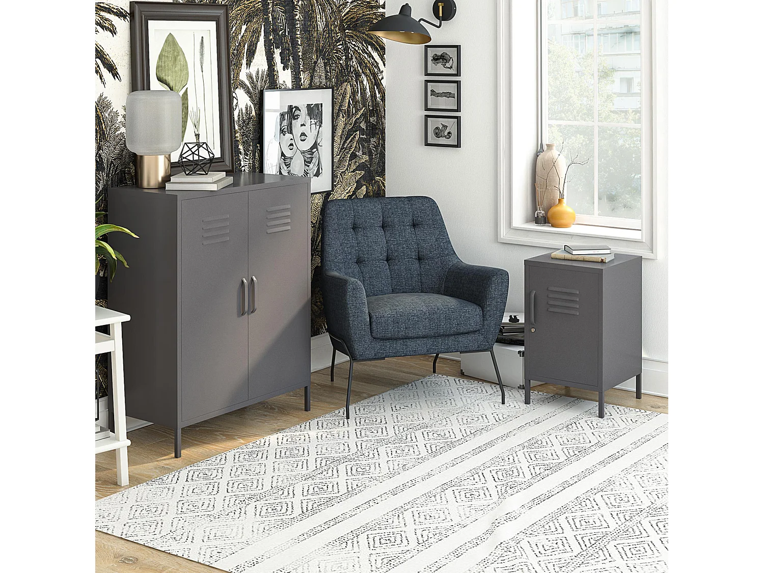 Mesa decorativa con 1 puerta en metal gris grafito