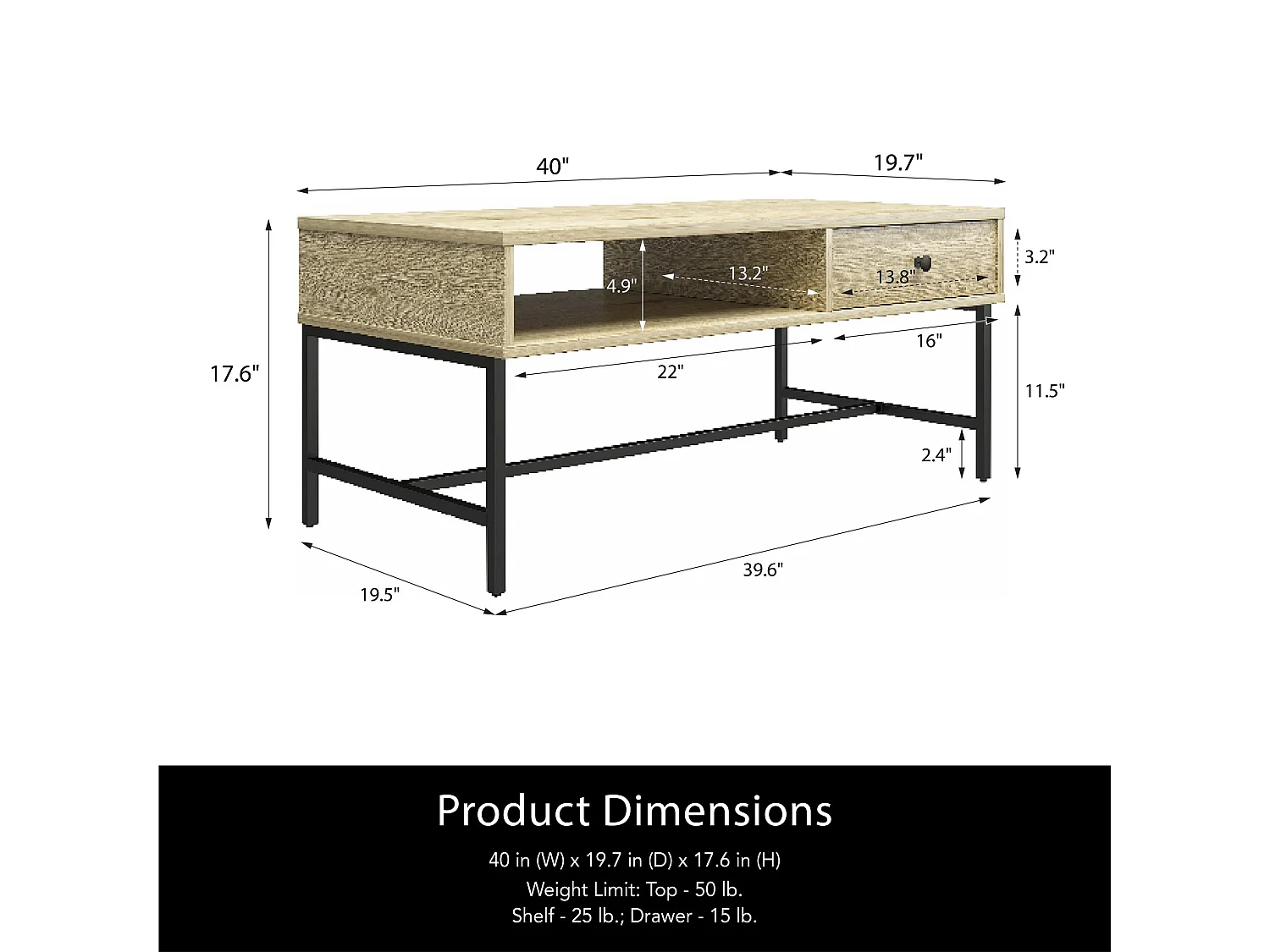 Tamlin | Table basse avec 1 tiroir en aspect bois nature