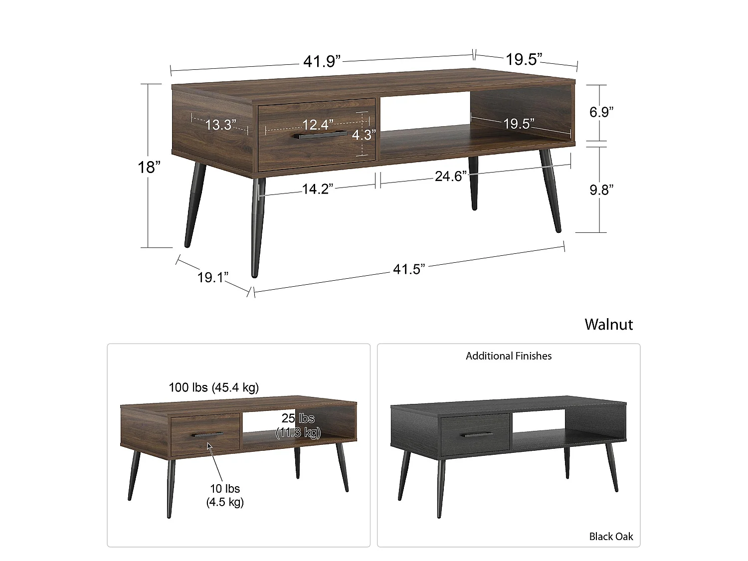 Tavolino con 1 cassetto in truciolare laminato rovere nero
