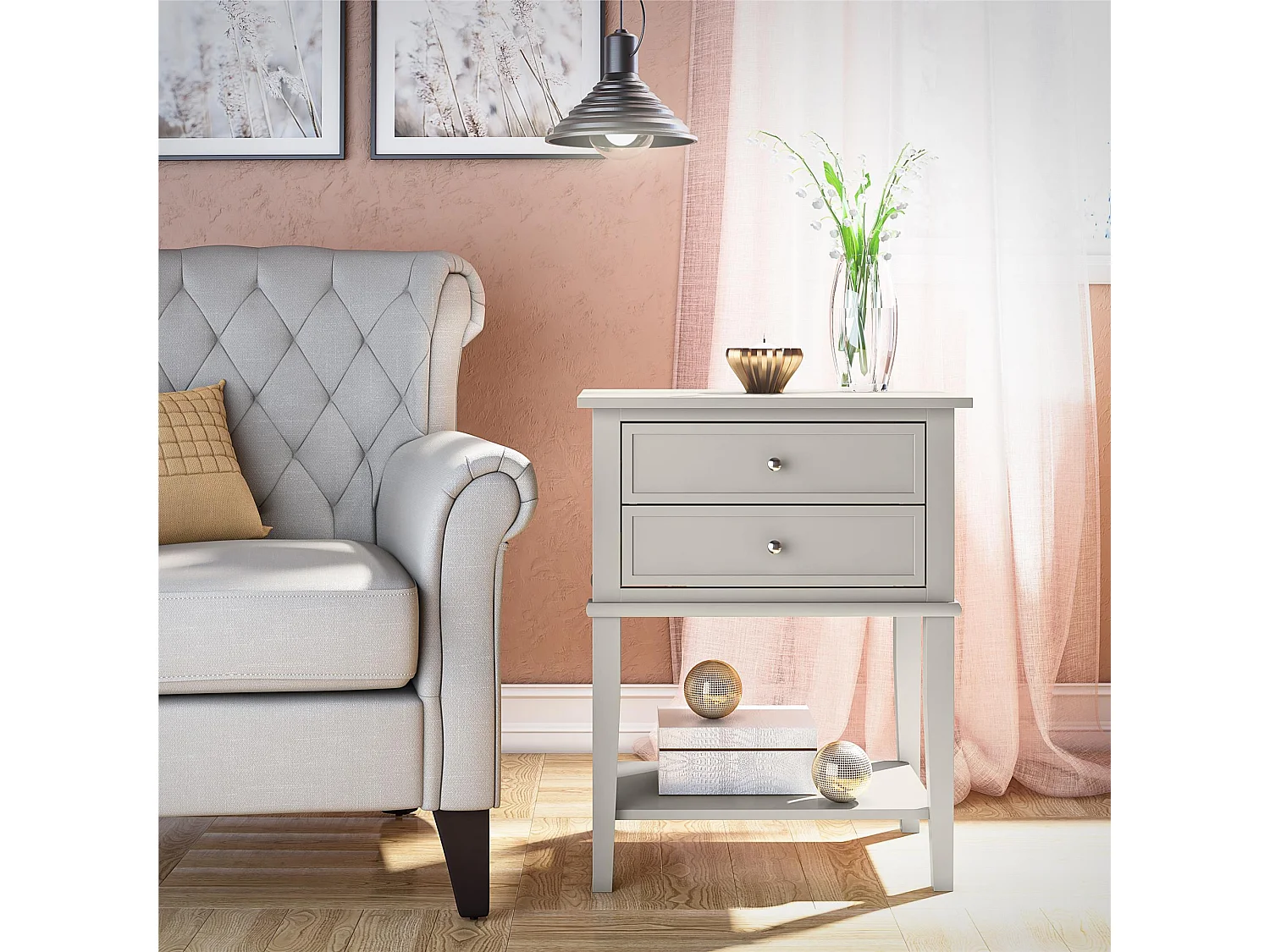 Franklin | Table d'appoint avec 2 tiroirs en MDF taupe