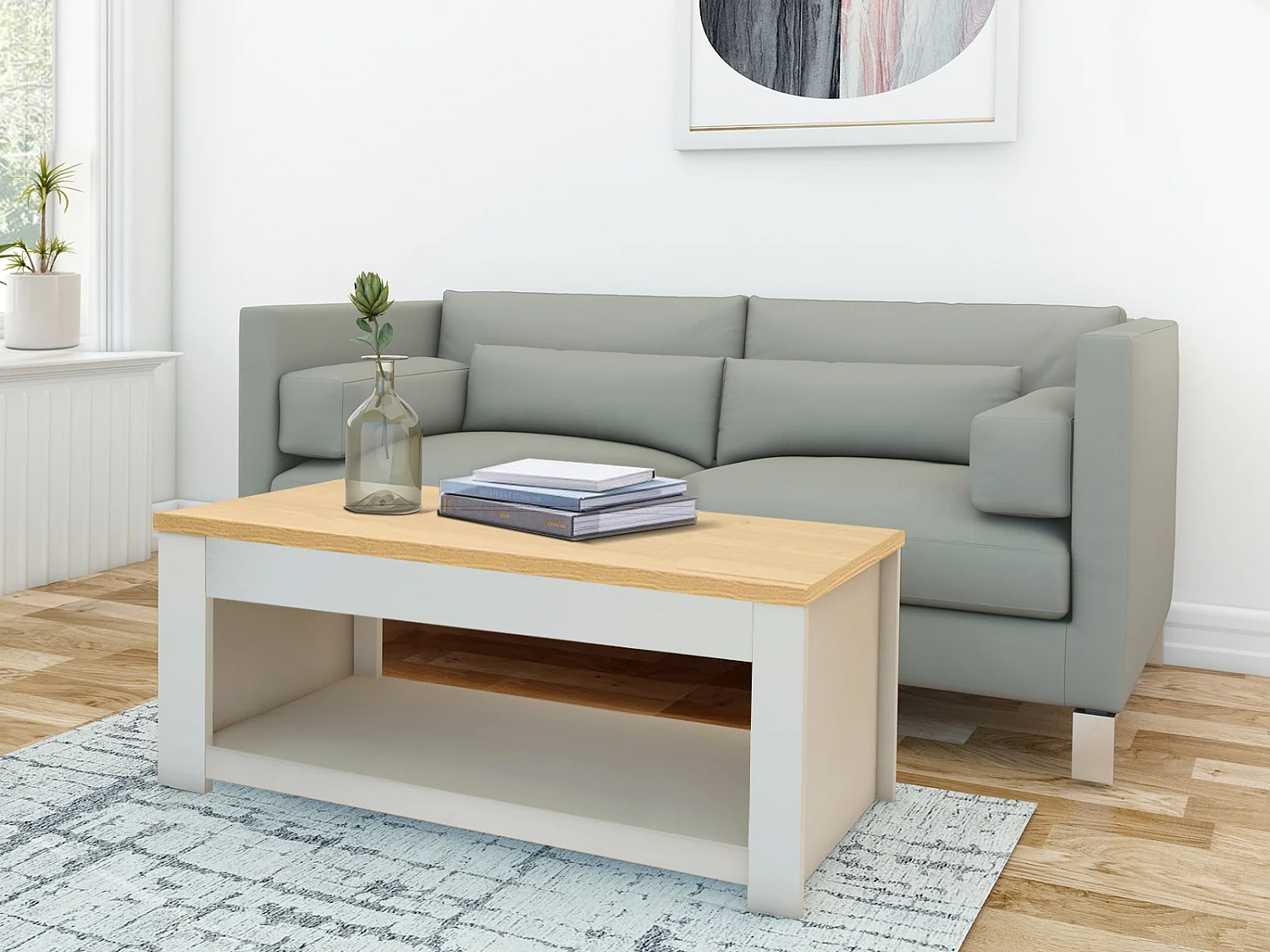 Mesa de centro con 1 balda en MDF roble y crema