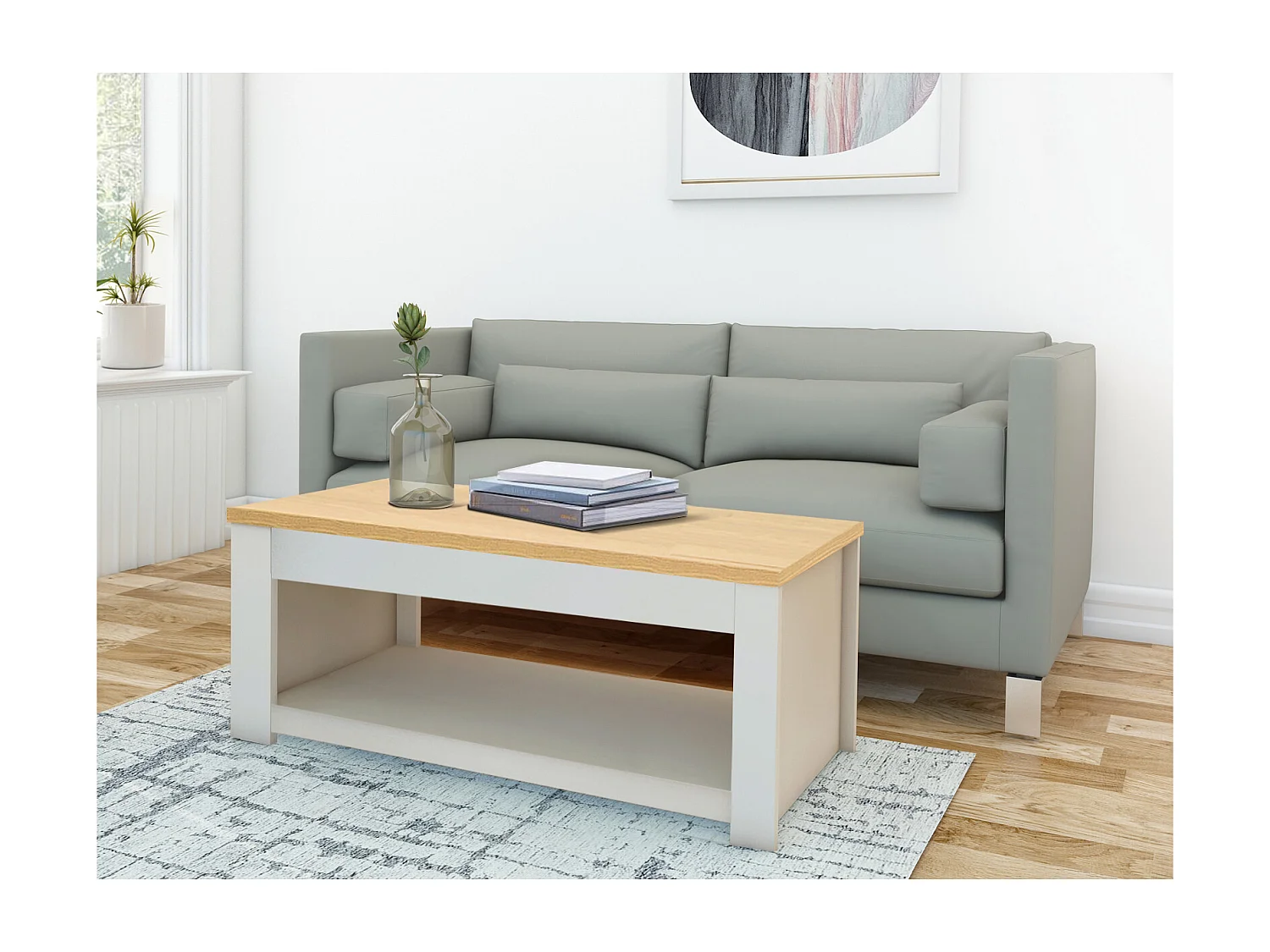 Emerald | Table basse avec 1 étagère en MDF chêne et crème
