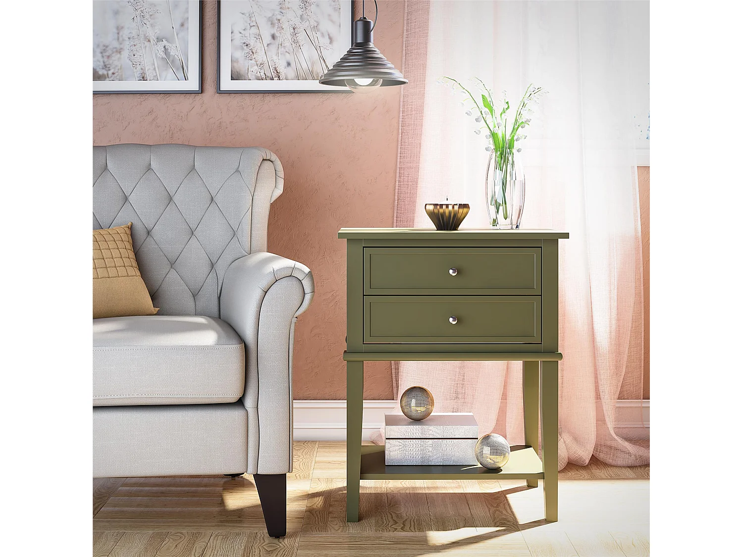 Mesa decorativa con 2 cajones en MDF verde oliva