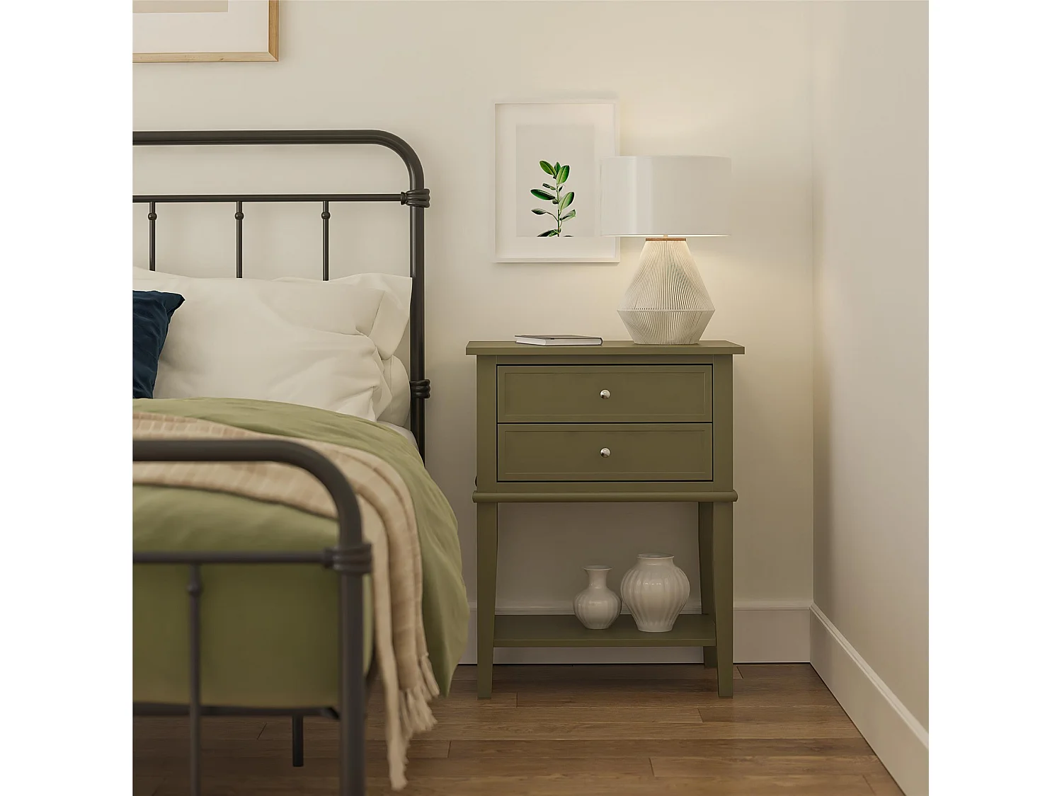 Mesa decorativa con 2 cajones en MDF verde oliva