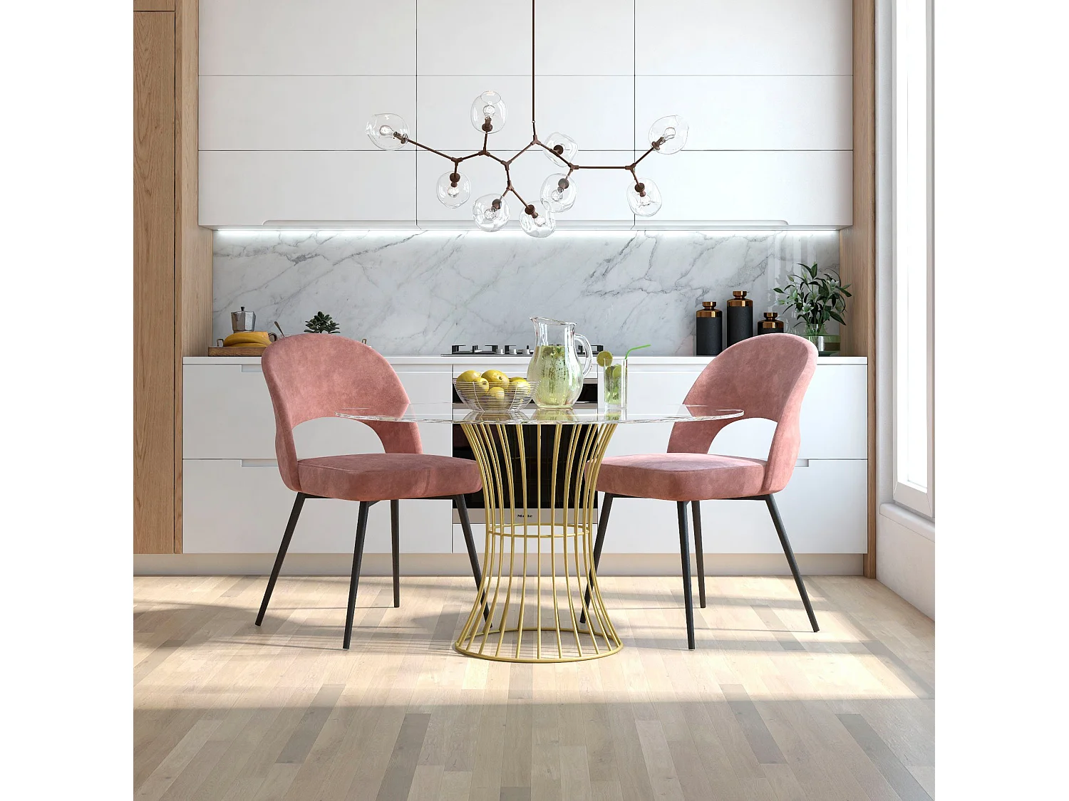 Sedia da pranzo imbottita in velluto rosa