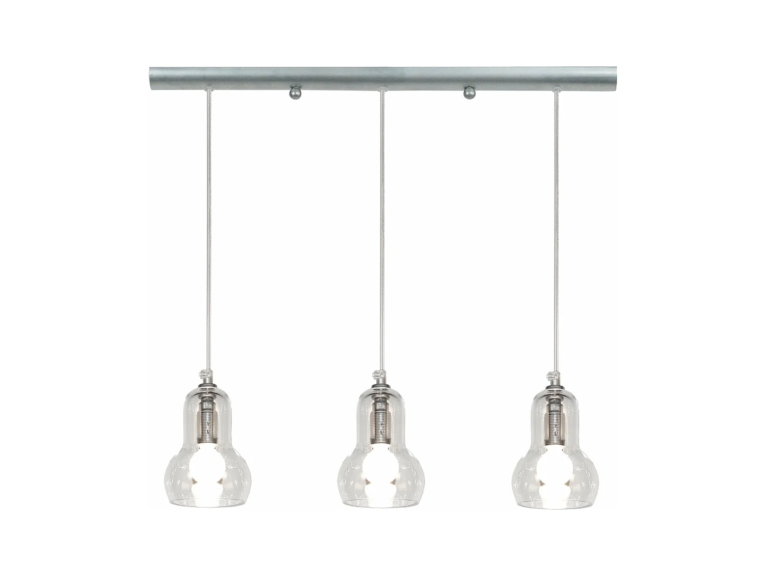 Lustre barre metal 3 pendel verre transparent 100 cm.