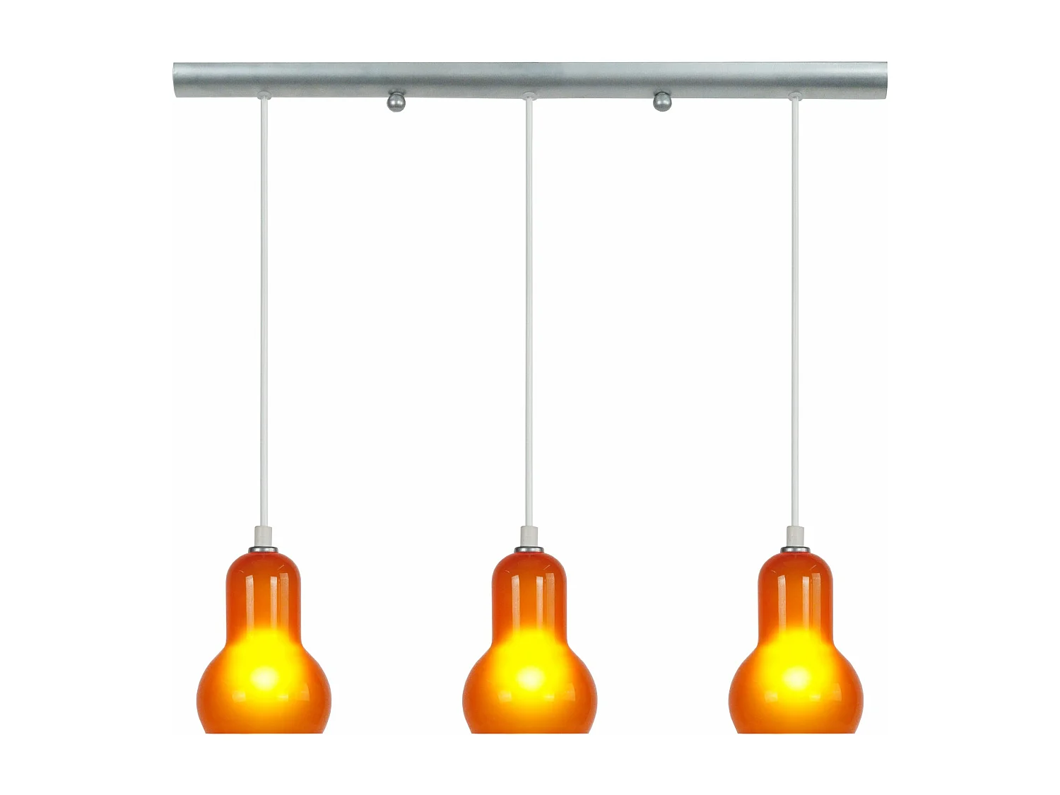Lustre barre metal 3 pendel verre orange 100 cm.