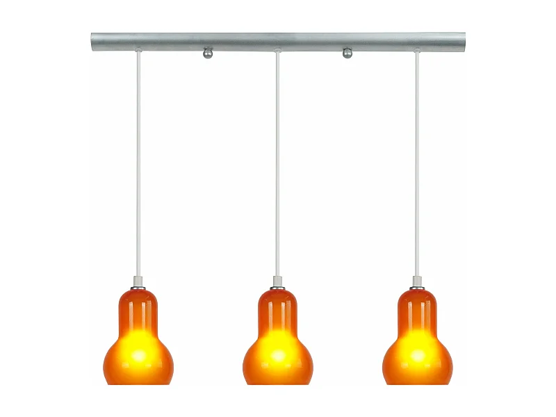 Lustre barre metal 3 pendel verre orange 100 cm.