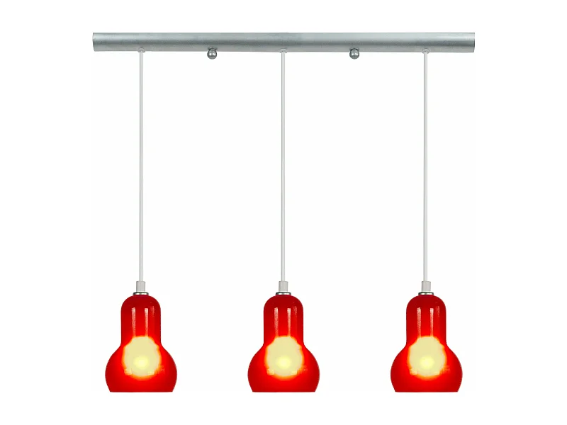 Lustre barre metal 3 pendel verre rouge 100 cm.