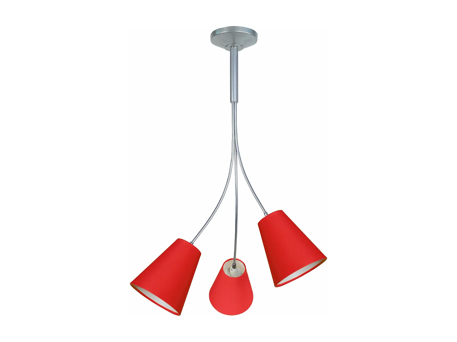 Lustre 3 bras métal aluminium abat-jour rouge 75 cm.