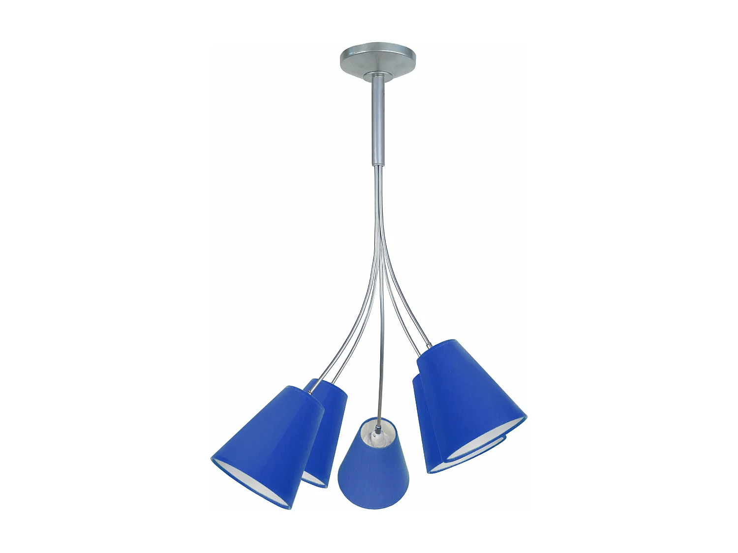 Lustre 5 bras métal aluminium abat-jour bleu 75 cm.