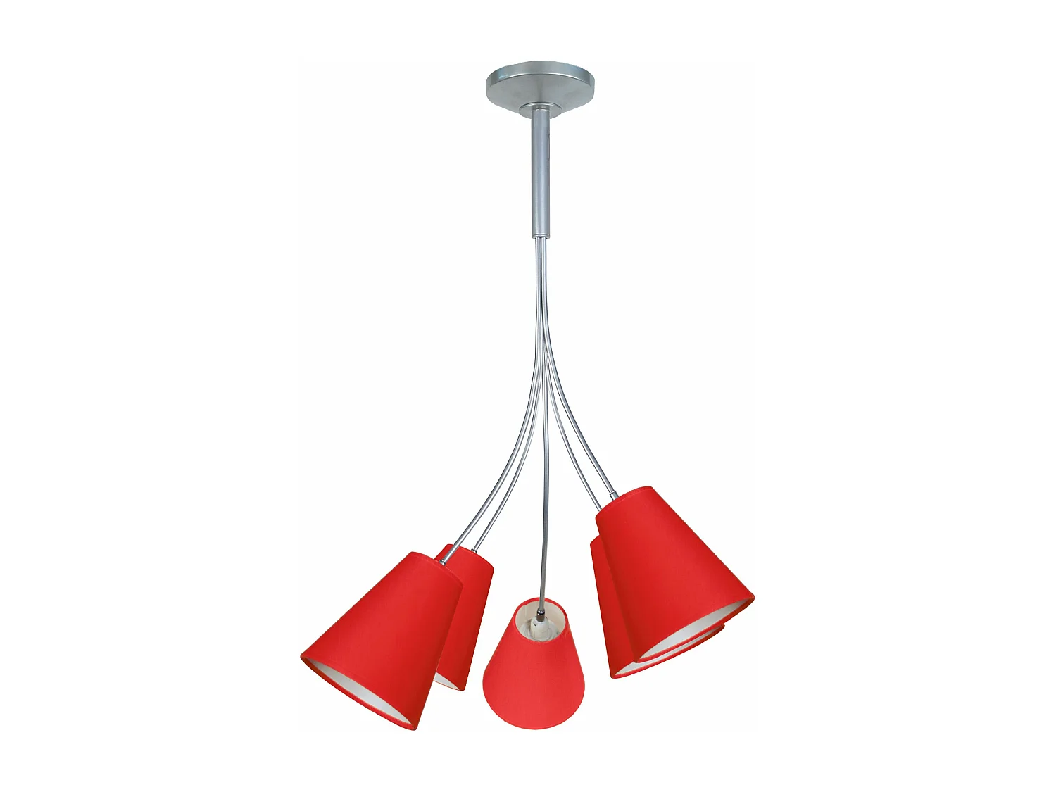 Lustre 5 bras métal aluminium abat-jour rouge 75 cm.