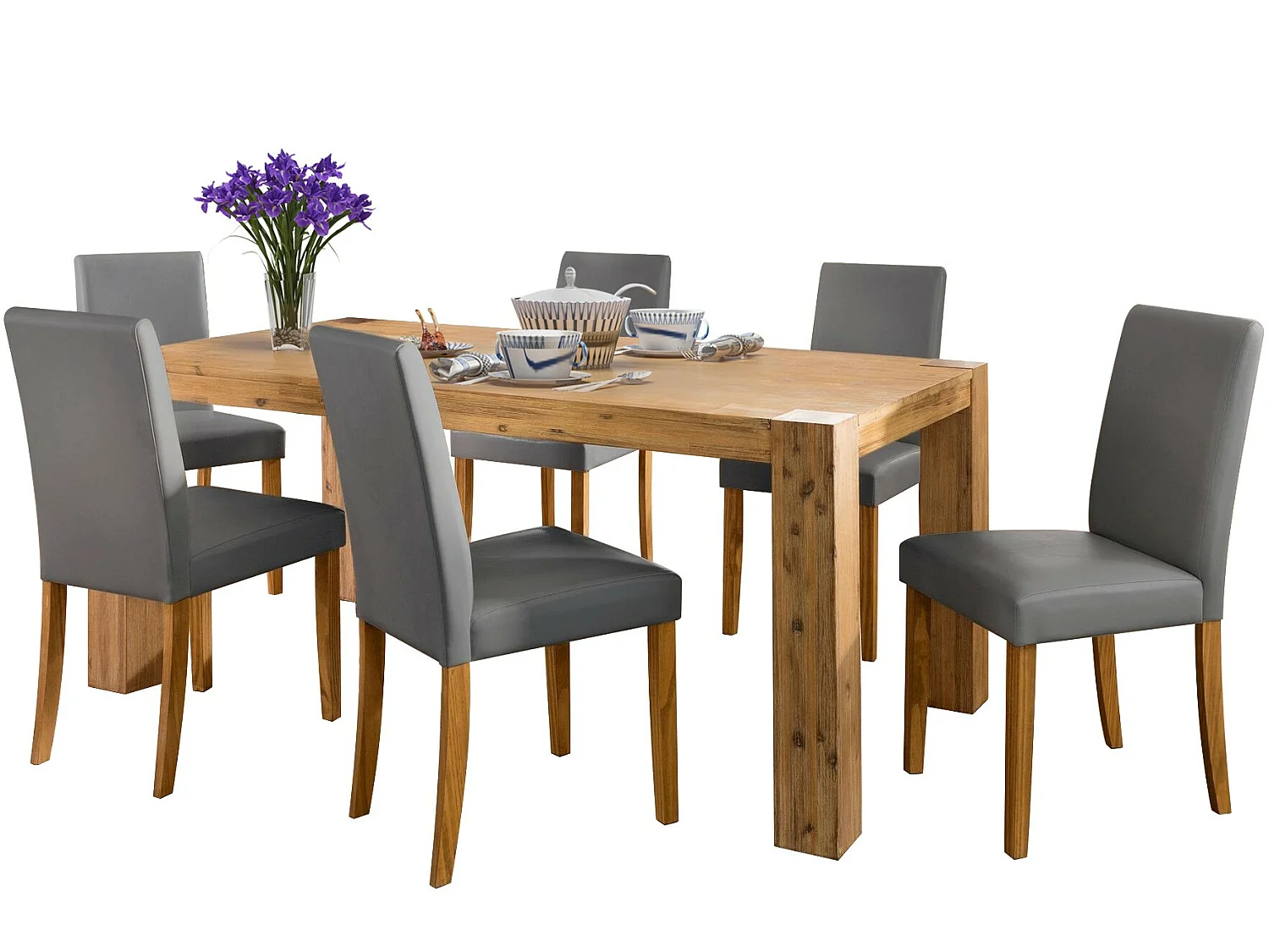 Juego de 2 sillas de comedor en PU gris con patas en pino natural