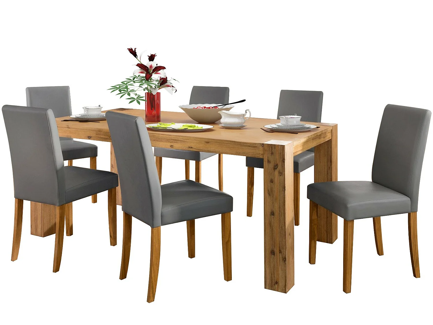 Juego de 2 sillas de comedor en PU gris con patas en pino natural