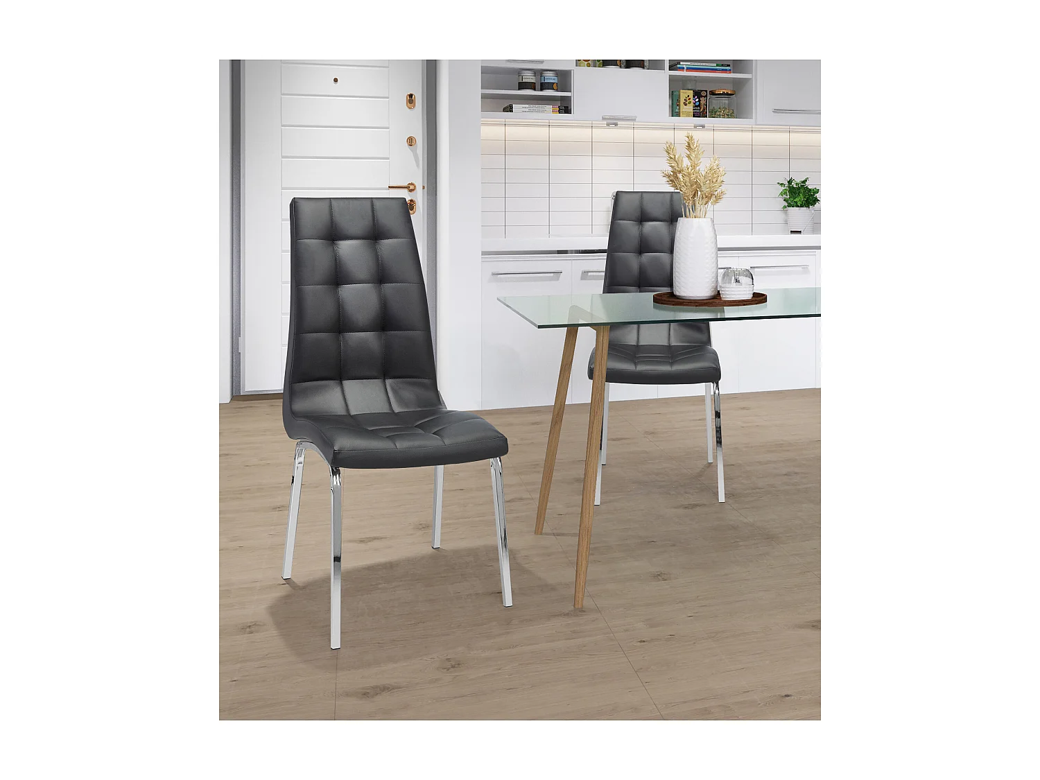 Lila | Lot de 2 chaises de salle à manger rembourrées en PU noir