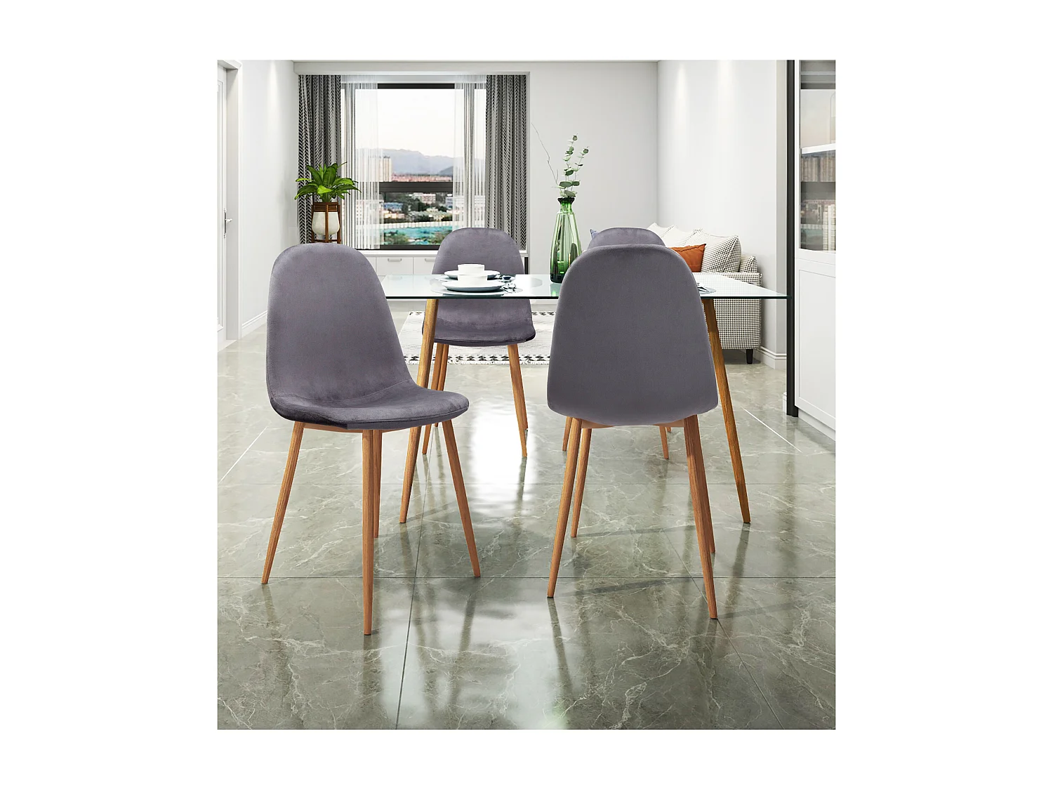 Monza | Lot de 4 chaises de salle à manger en velours  et pieds chêne