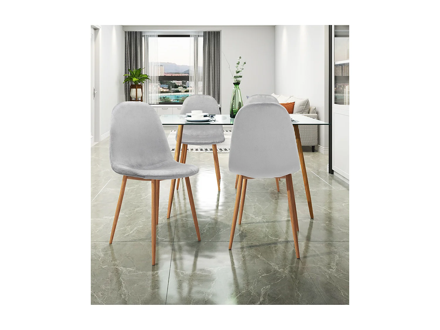 Monza | Lot de 4 chaises de salle à manger en velours gris et pieds chêne