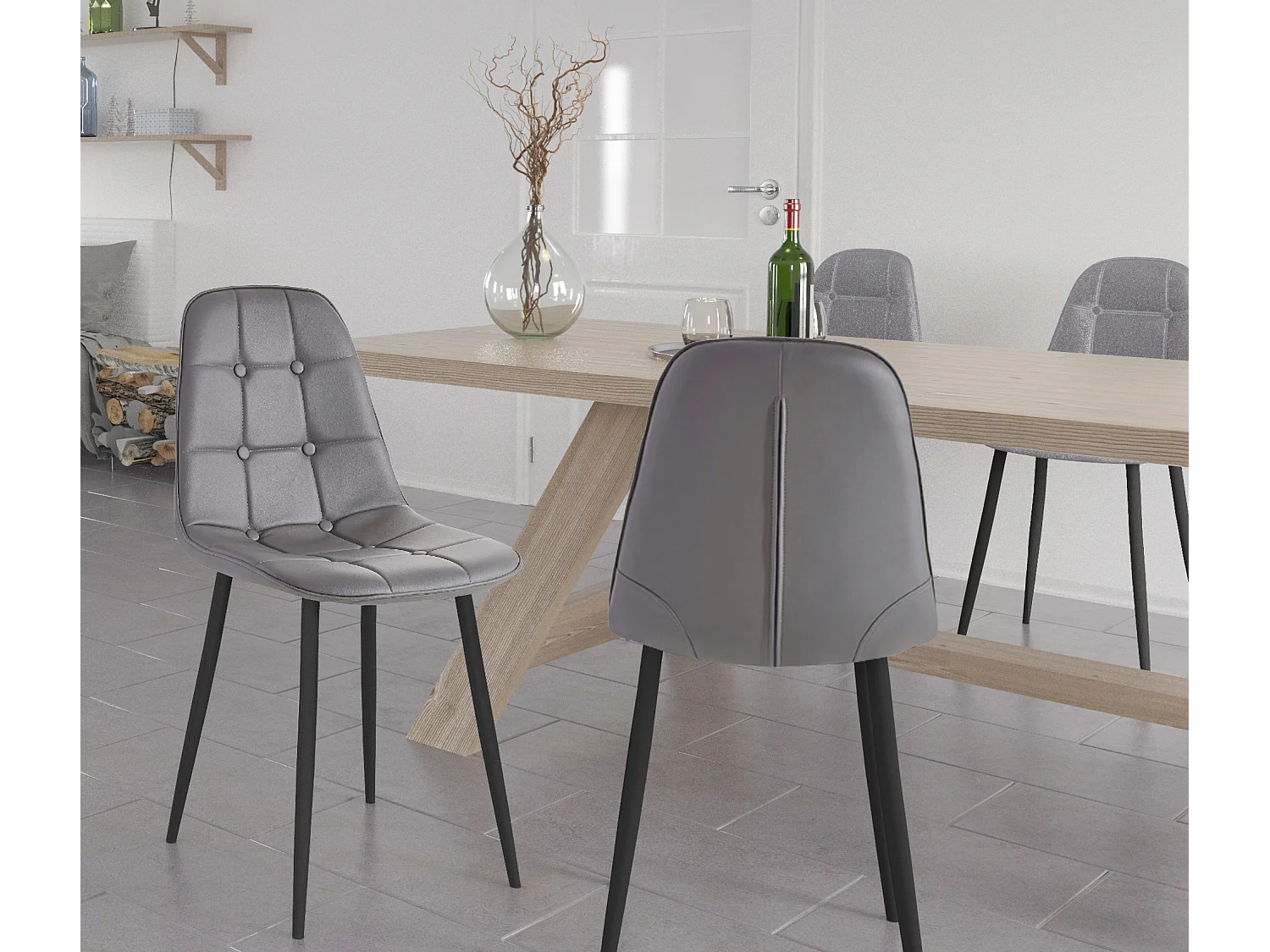 Luna | Lot de 4 chaises de salle à manger rembourrées en PU gris