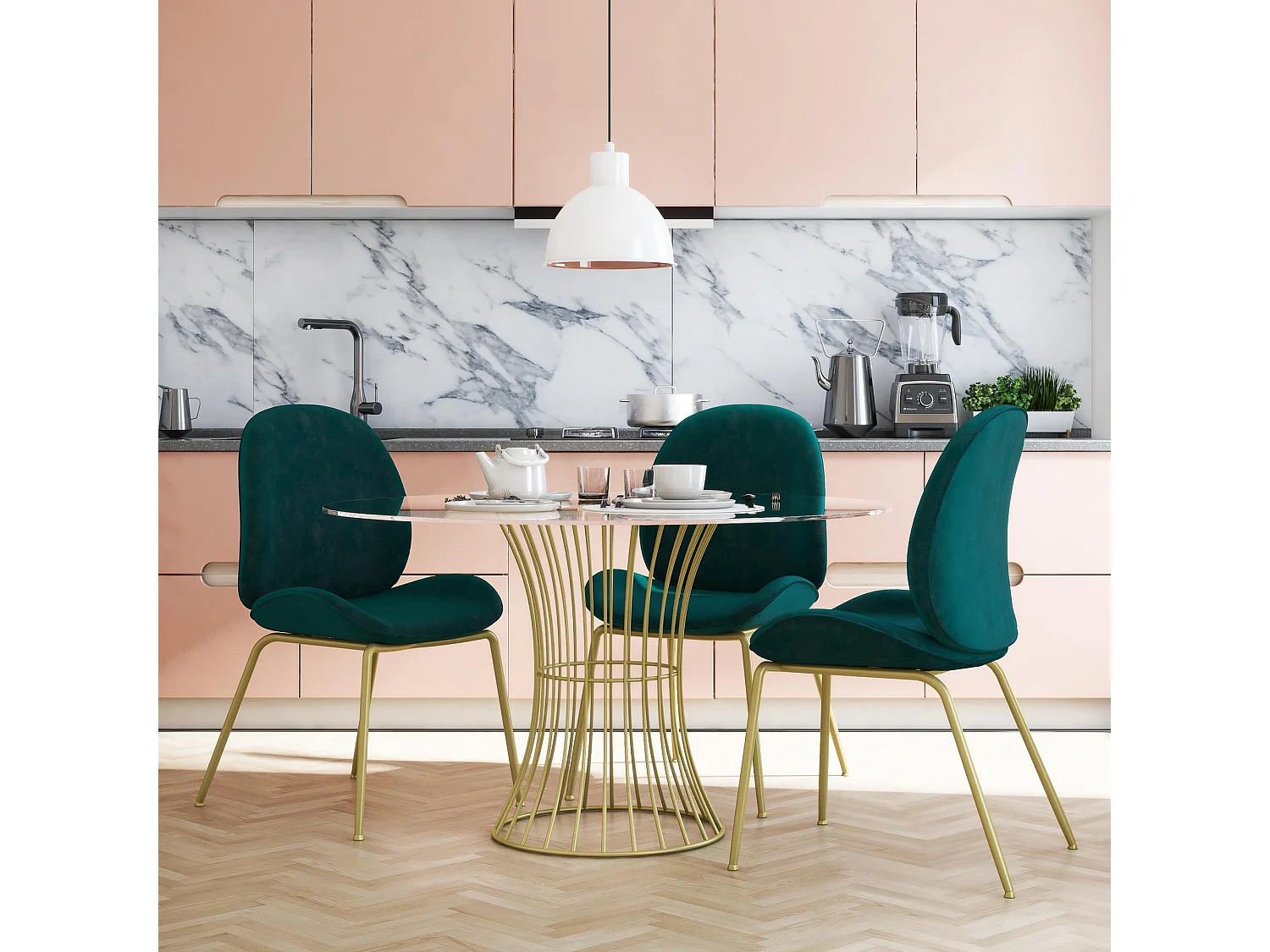 Gepolsterter Esszimmerstuhl in Samtgrün