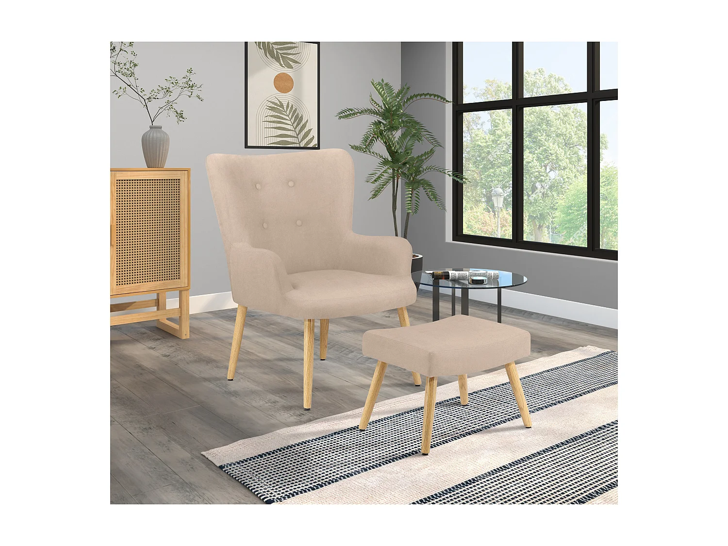 Gepolsterter Akzentstuhl mit Hocker aus cremefarbener Mikrofaser