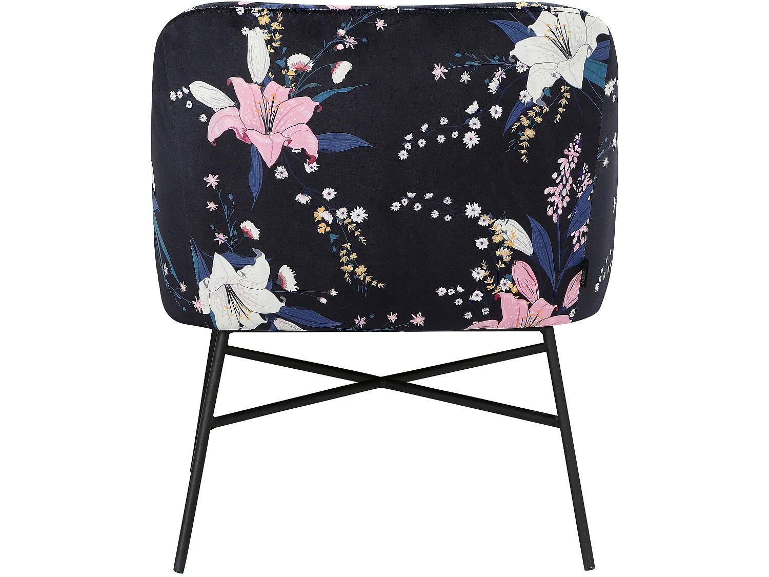 Cadeira decorativa estofada em veludo floral azul.